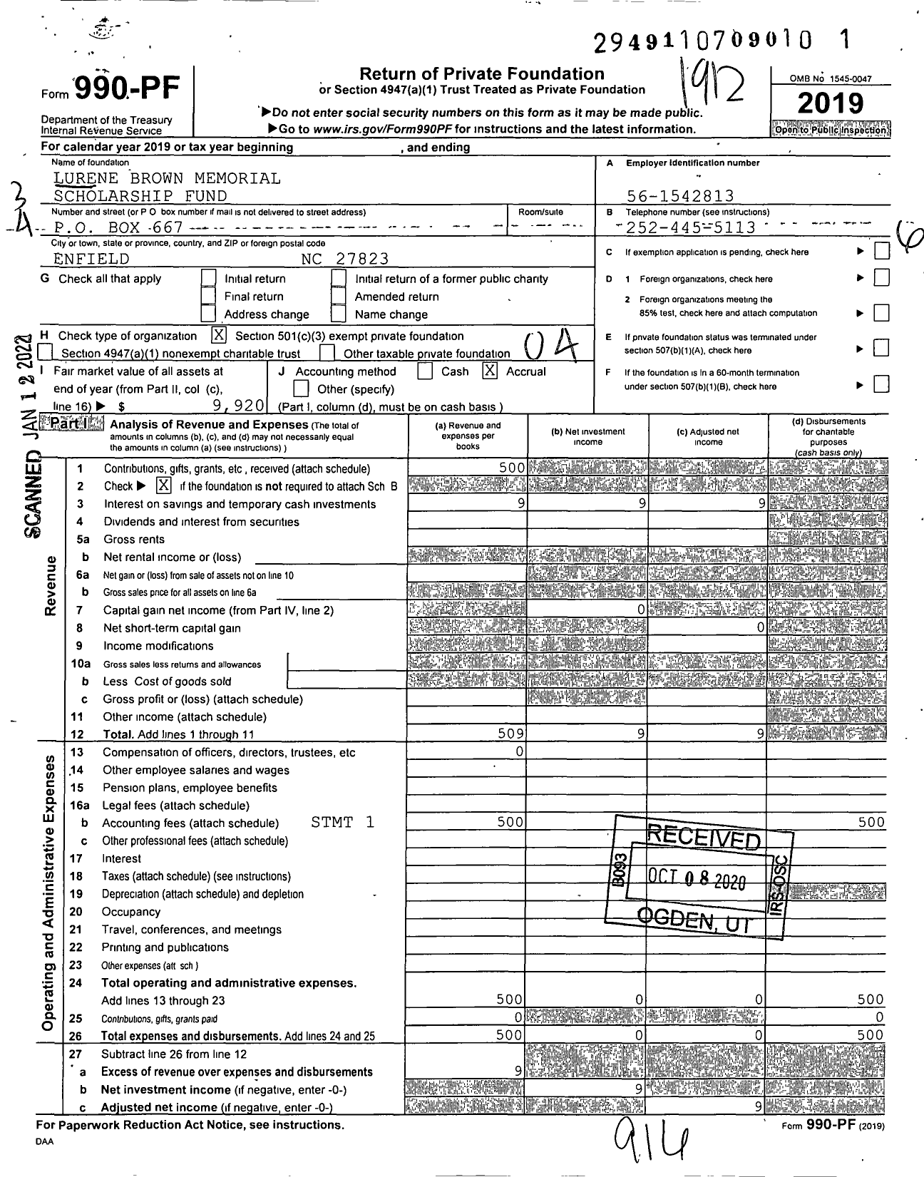 Image of first page of 2019 Form 990PF for Lurene Brown Memorial Scholarship Fund