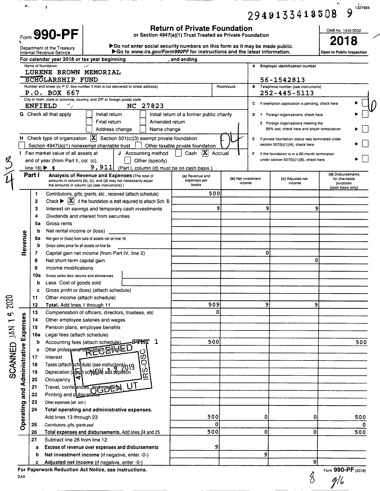 Image of first page of 2018 Form 990PF for Lurene Brown Memorial Scholarship Fund