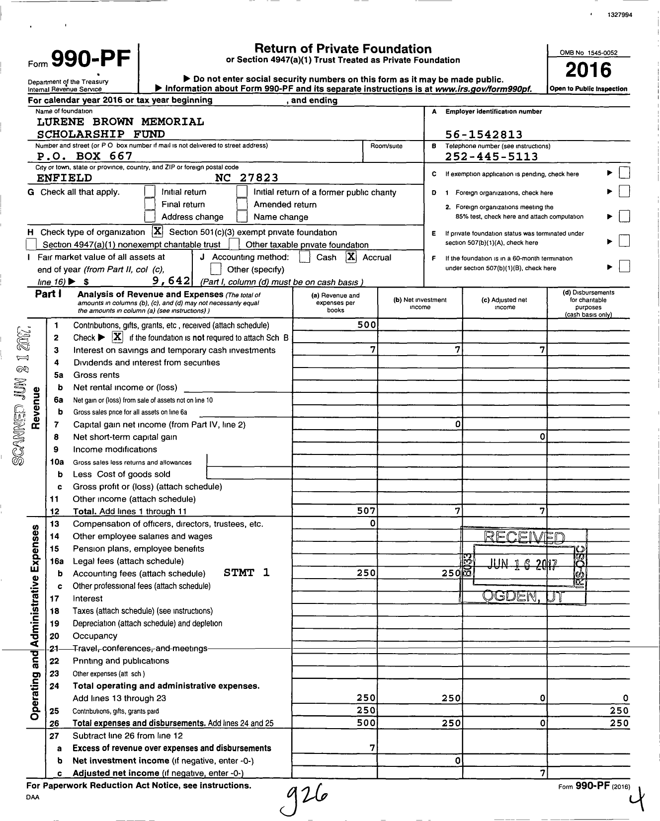 Image of first page of 2016 Form 990PF for Lurene Brown Memorial Scholarship Fund