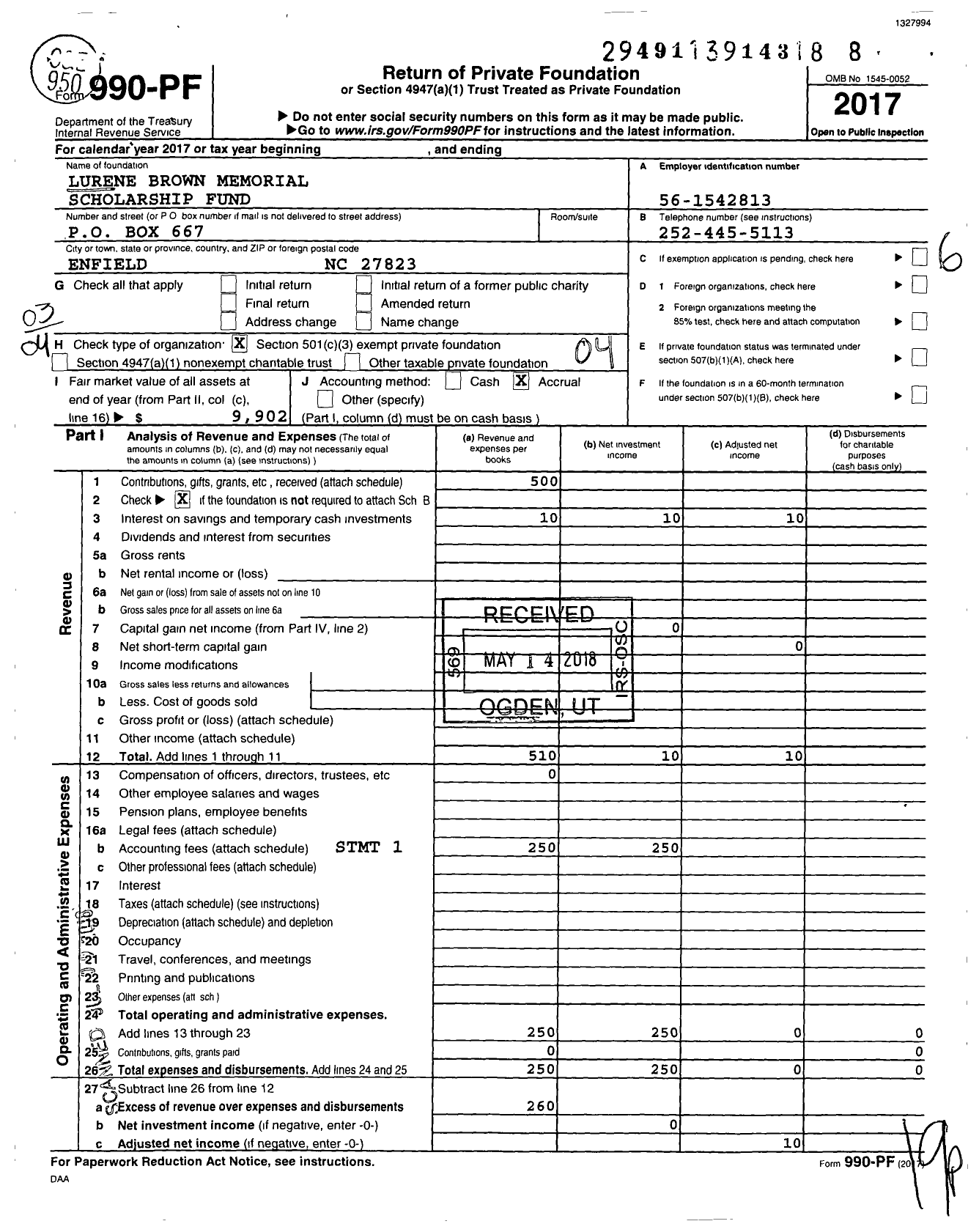 Image of first page of 2017 Form 990PF for Lurene Brown Memorial Scholarship Fund