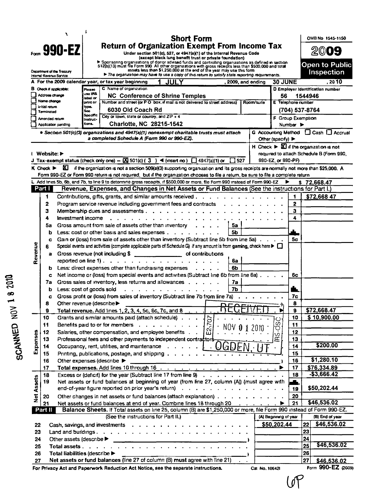 Image of first page of 2009 Form 990EZ for Old North Shriners Charity Foundation