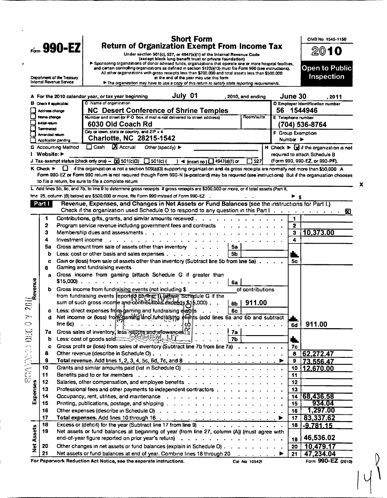 Image of first page of 2010 Form 990EZ for Old North Shriners Charity Foundation