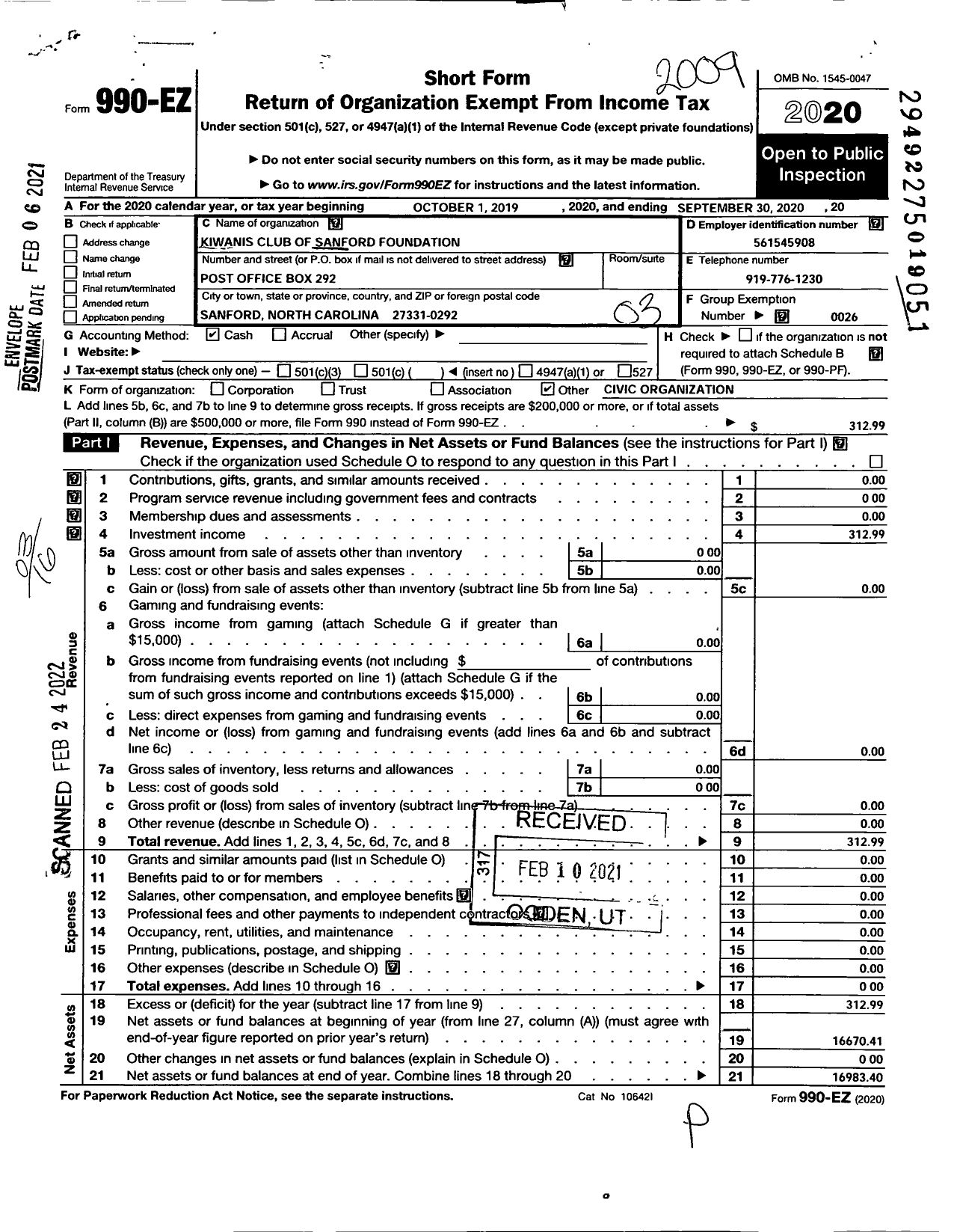 Image of first page of 2019 Form 990EZ for Sanford Kiwanis Foundation