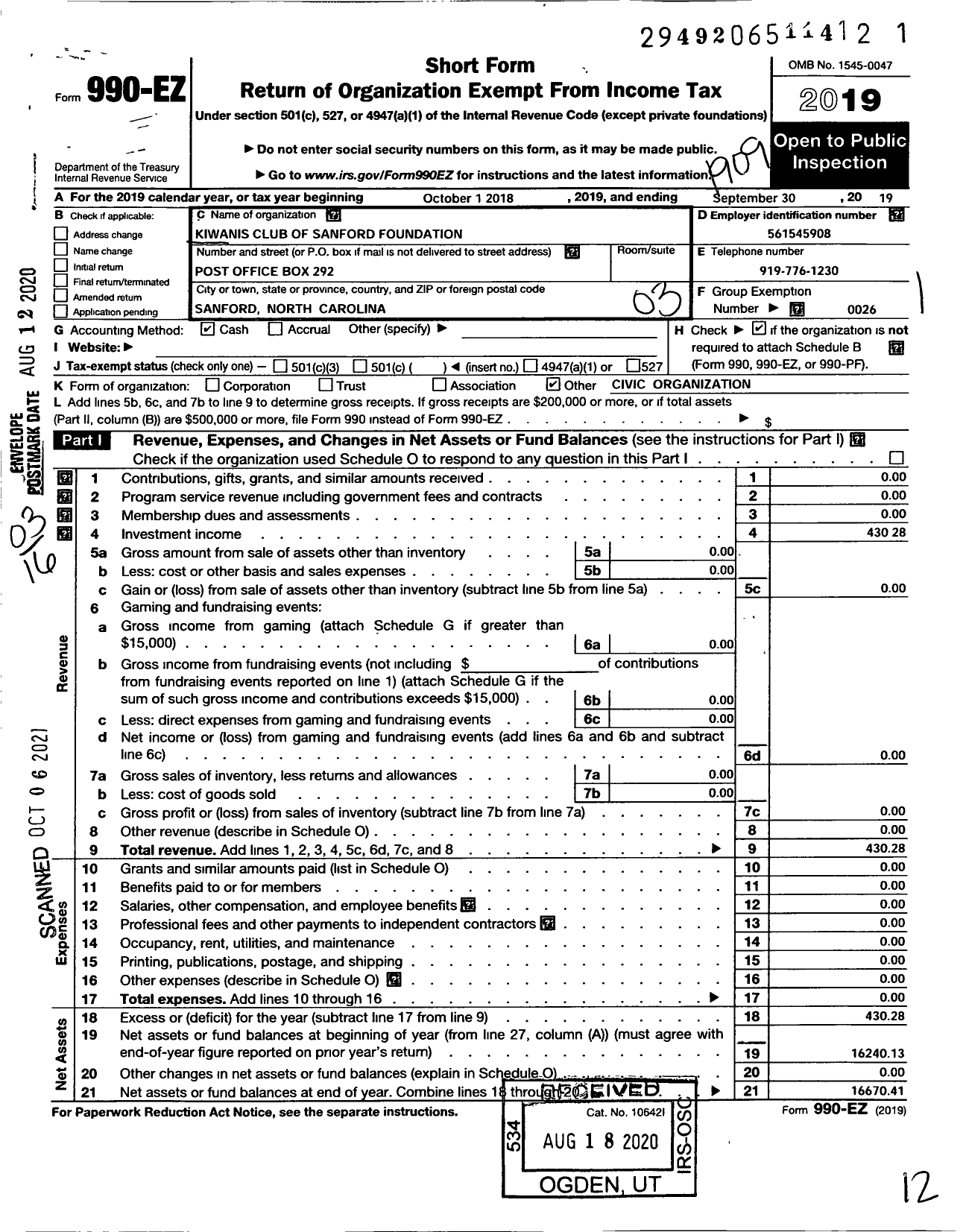 Image of first page of 2018 Form 990EZ for Sanford Kiwanis Foundation