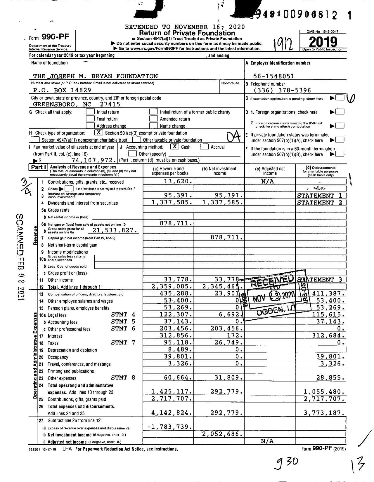 Image of first page of 2019 Form 990PF for The Joseph M Bryan Foundation