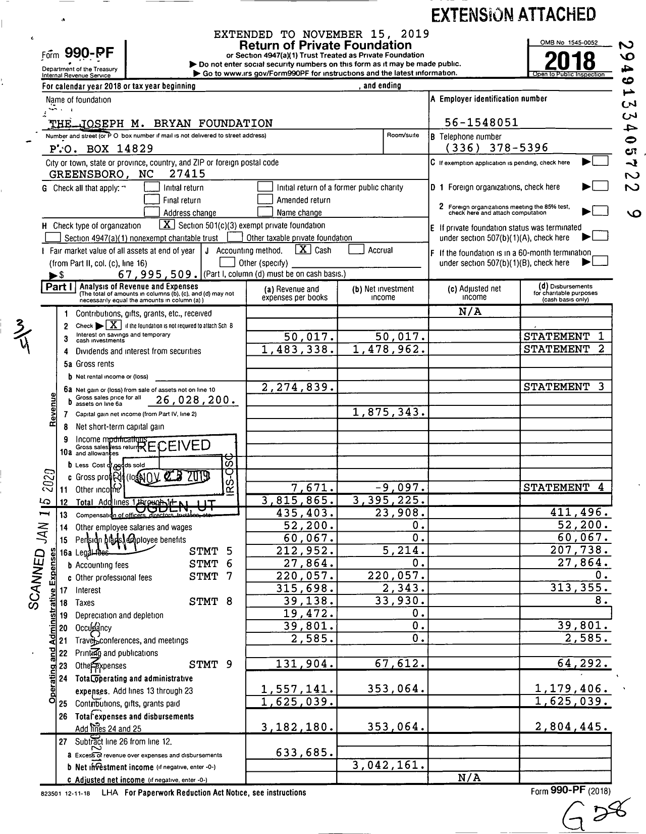 Image of first page of 2018 Form 990PF for The Joseph M Bryan Foundation
