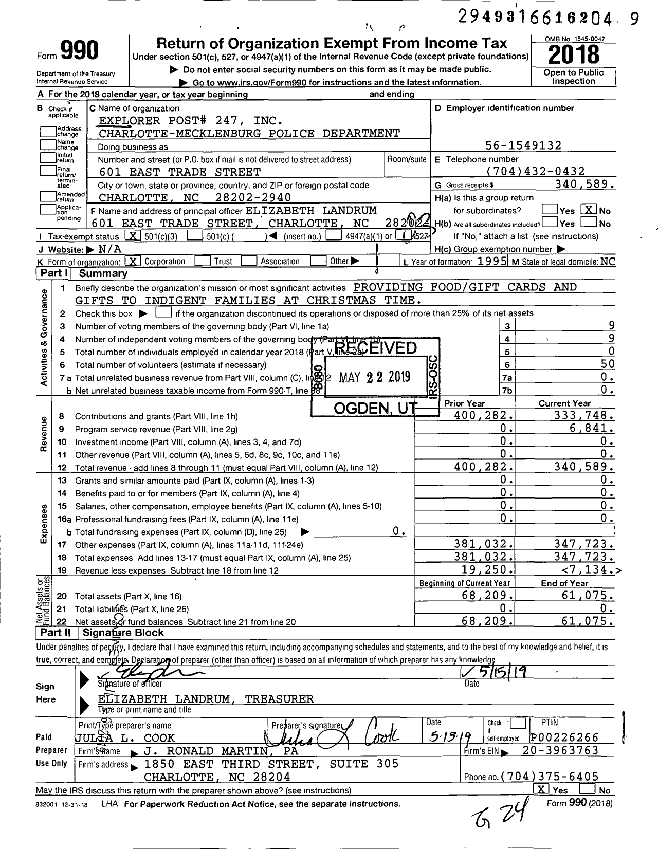 Image of first page of 2018 Form 990 for Explorer Post 247 Charlotte-Mecklenburg Police Depart