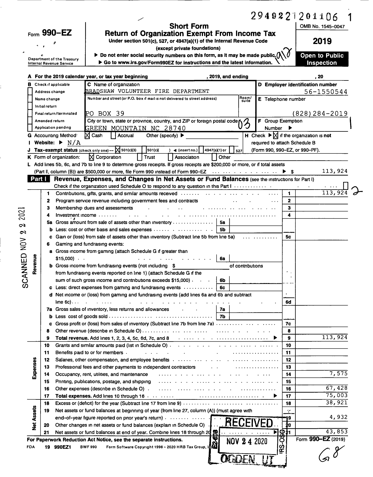 Image of first page of 2019 Form 990EZ for Bradshaw Volunteer Fire and Rescue