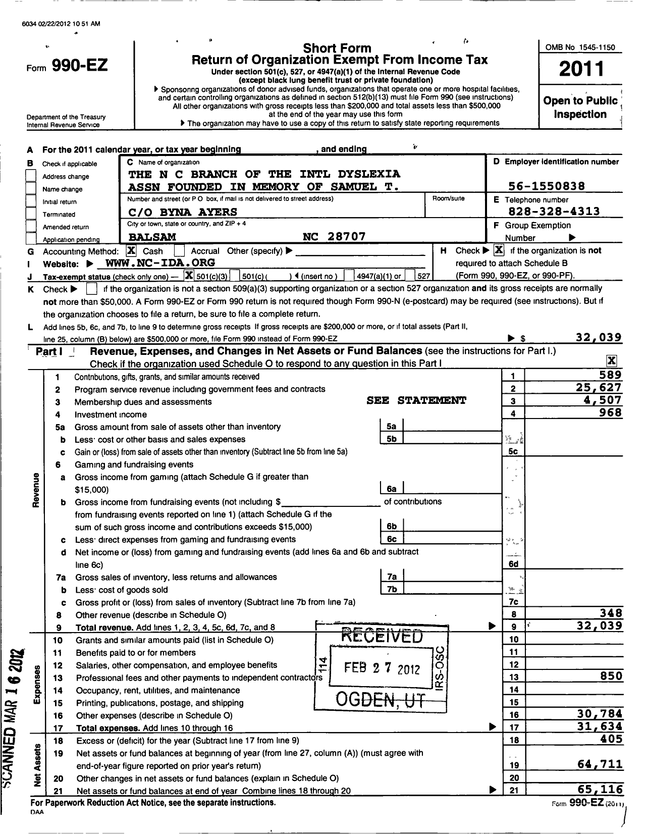 Image of first page of 2011 Form 990EZ for The North Carolina Branch of the International Dyslexia Association Founded Sam T