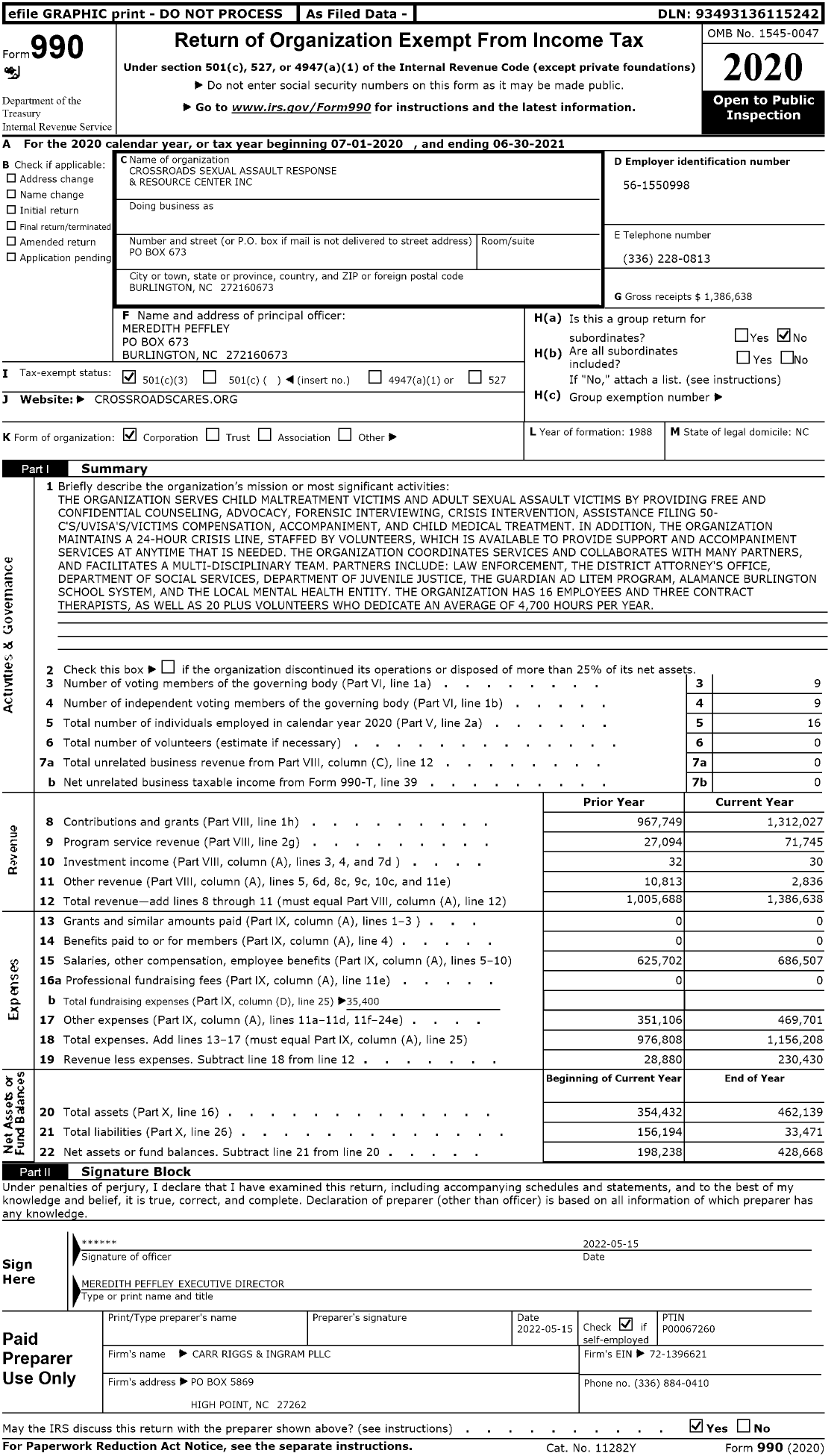 Image of first page of 2020 Form 990 for Crossroads Sexual Assault Response and Resource Center