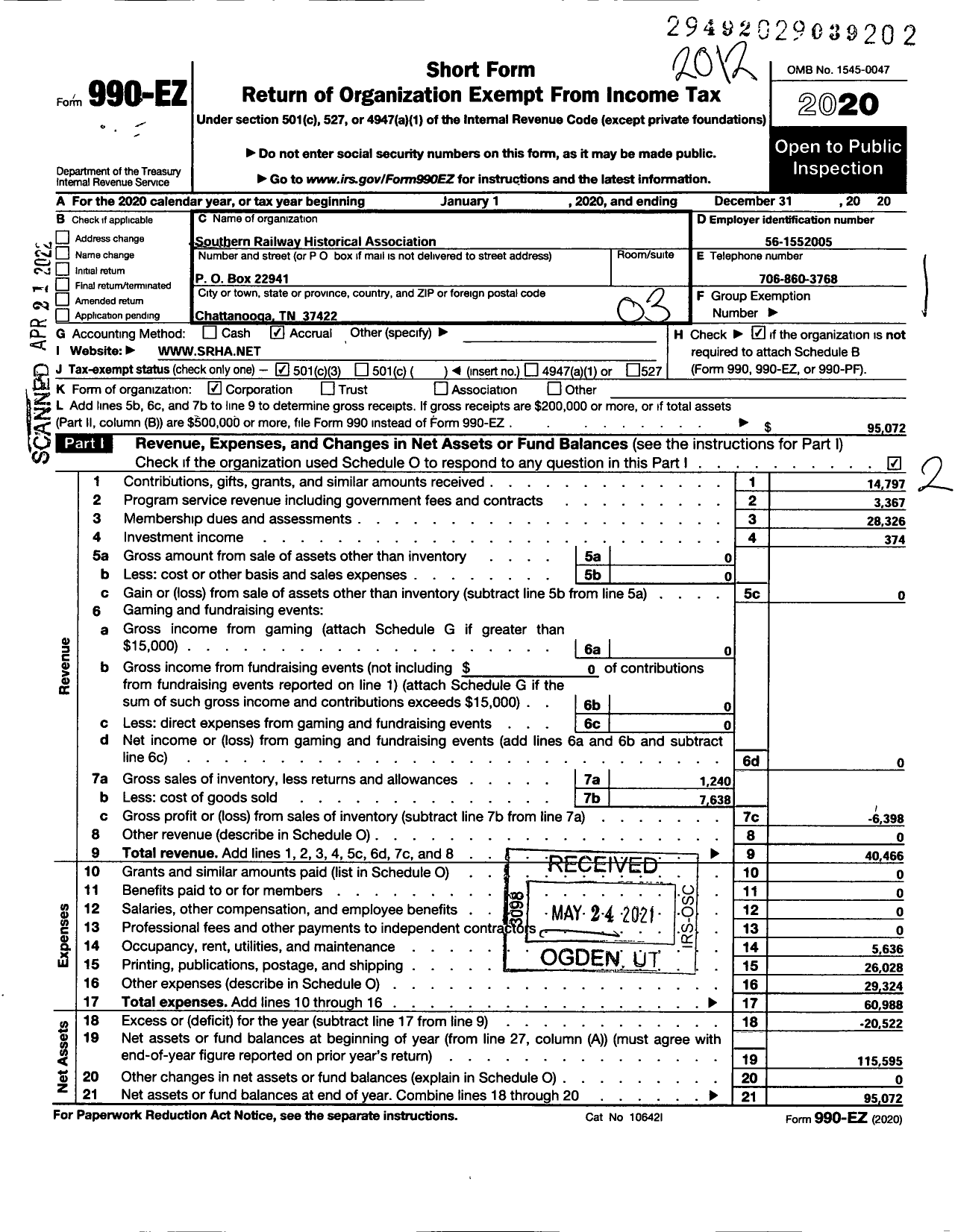 Image of first page of 2020 Form 990EZ for Southern Railway Historical Association