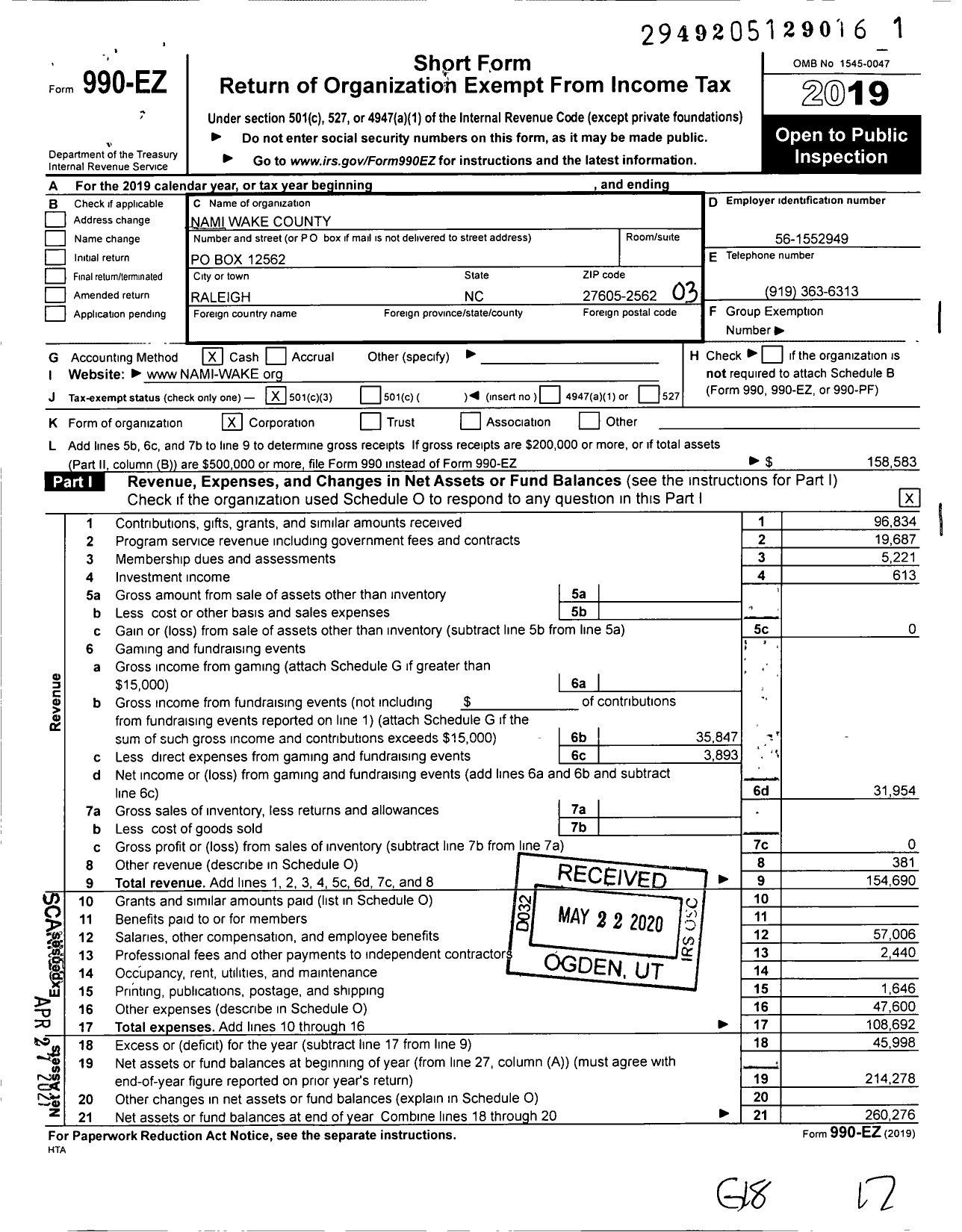 Image of first page of 2019 Form 990EZ for Nami Wake County