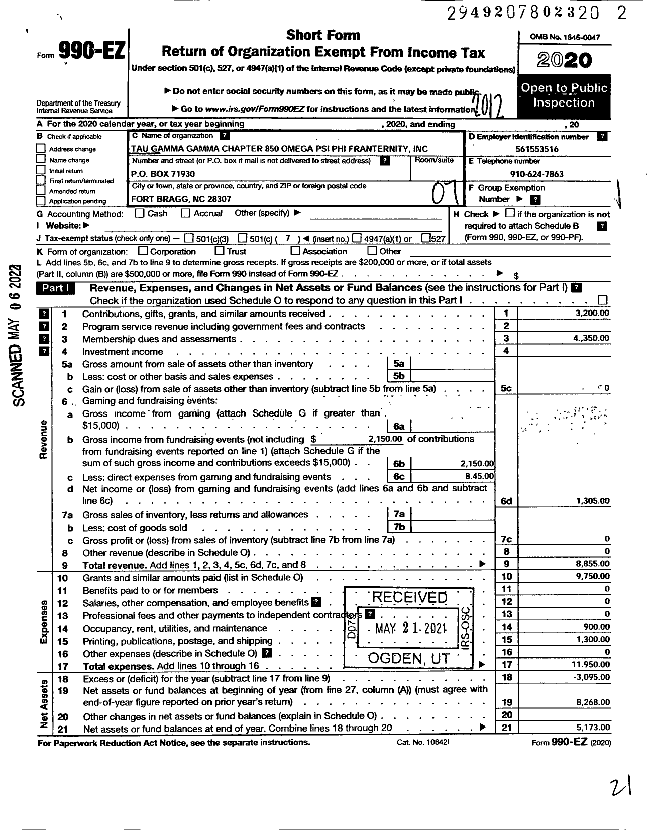 Image of first page of 2020 Form 990EO for Omega Psi Phi Fraternity - 850 Tau Gamma Gamma Chapter