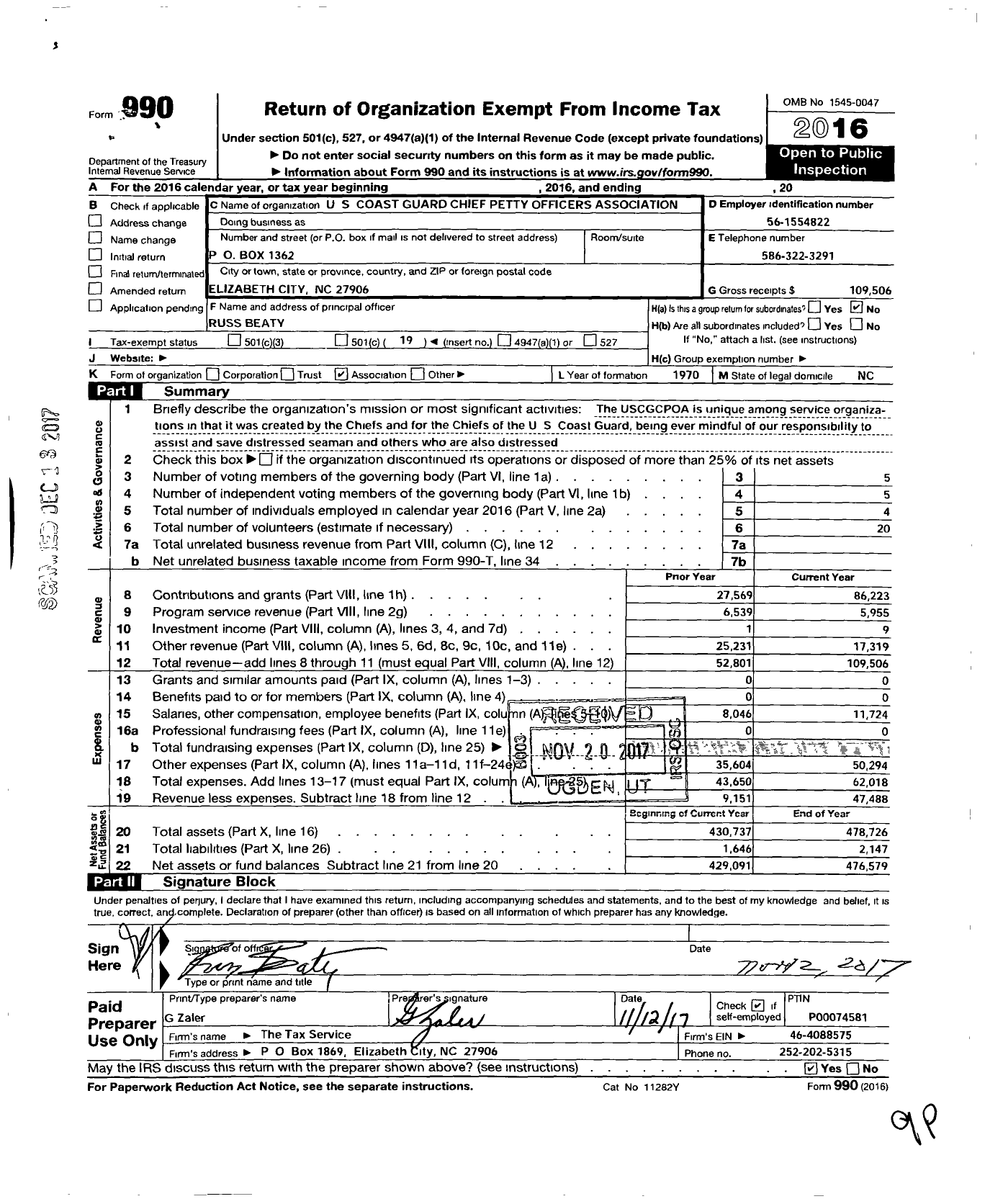 Image of first page of 2016 Form 990O for US Coast Guard Chief Petty Officers Association