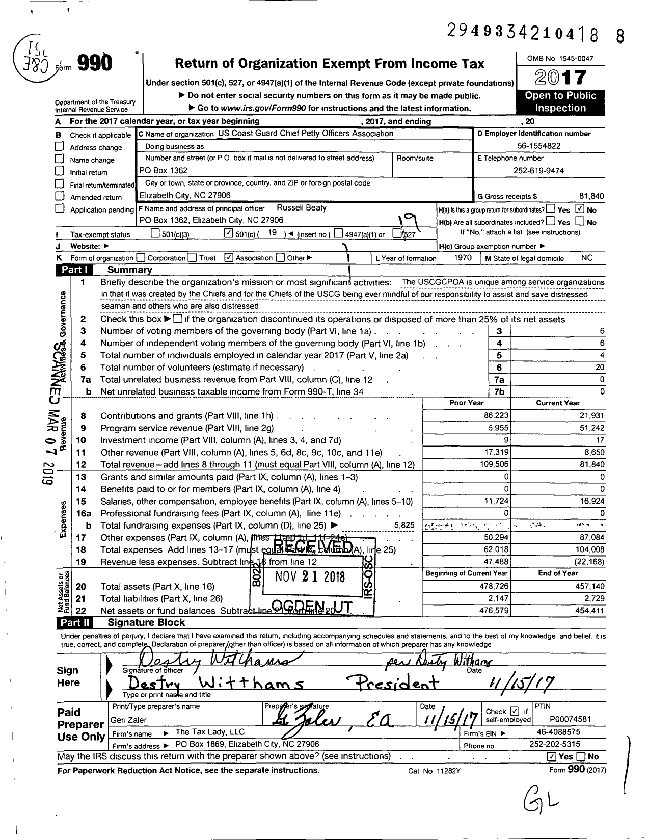 Image of first page of 2017 Form 990O for US Coast Guard Chief Petty Officers Association