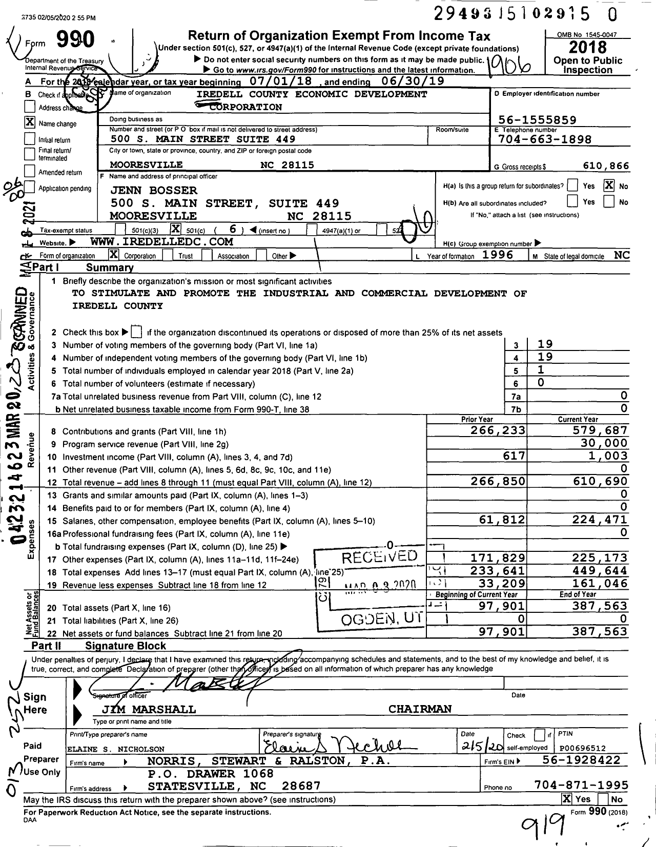 Image of first page of 2018 Form 990O for IREDELL COUNTY Economic Development Corporation