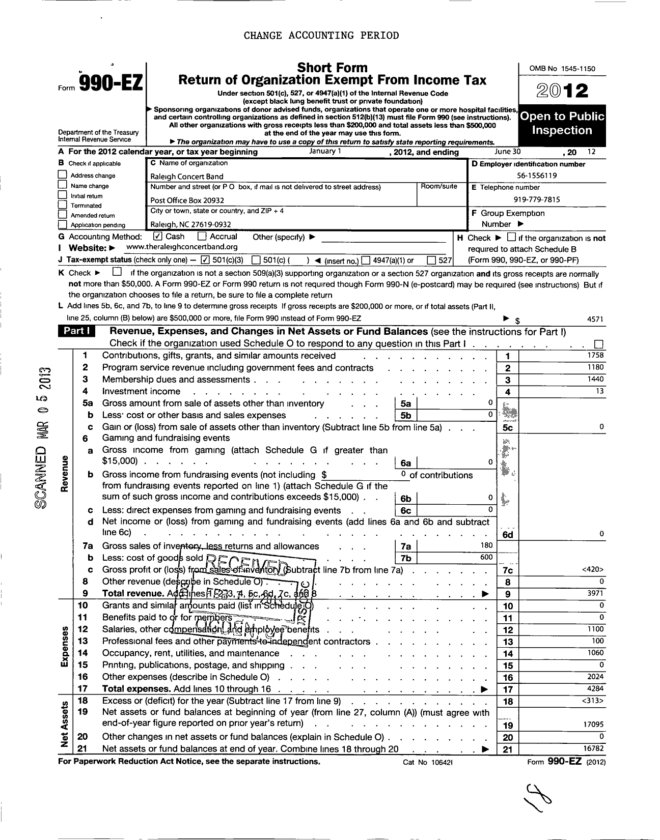 Image of first page of 2011 Form 990EZ for Raleigh Concert Band