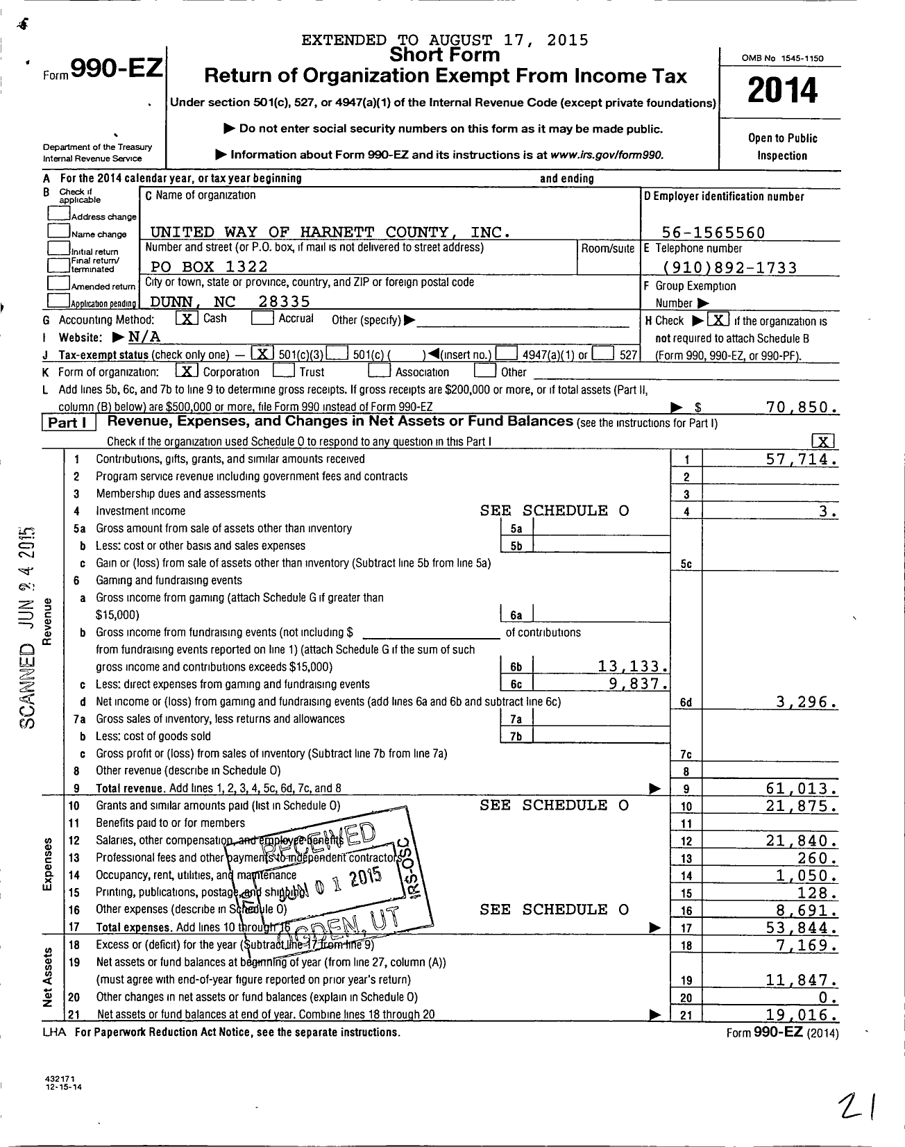 Image of first page of 2014 Form 990EZ for United Way of Harnett County