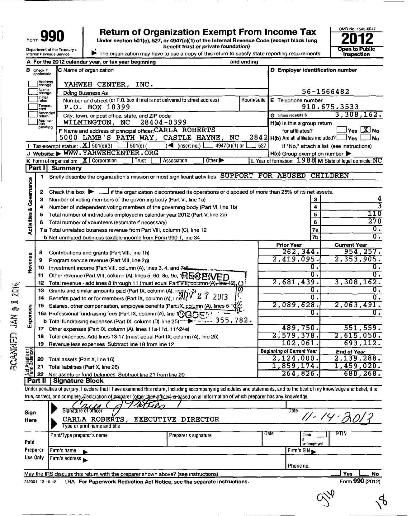 Image of first page of 2012 Form 990 for Yahweh Center