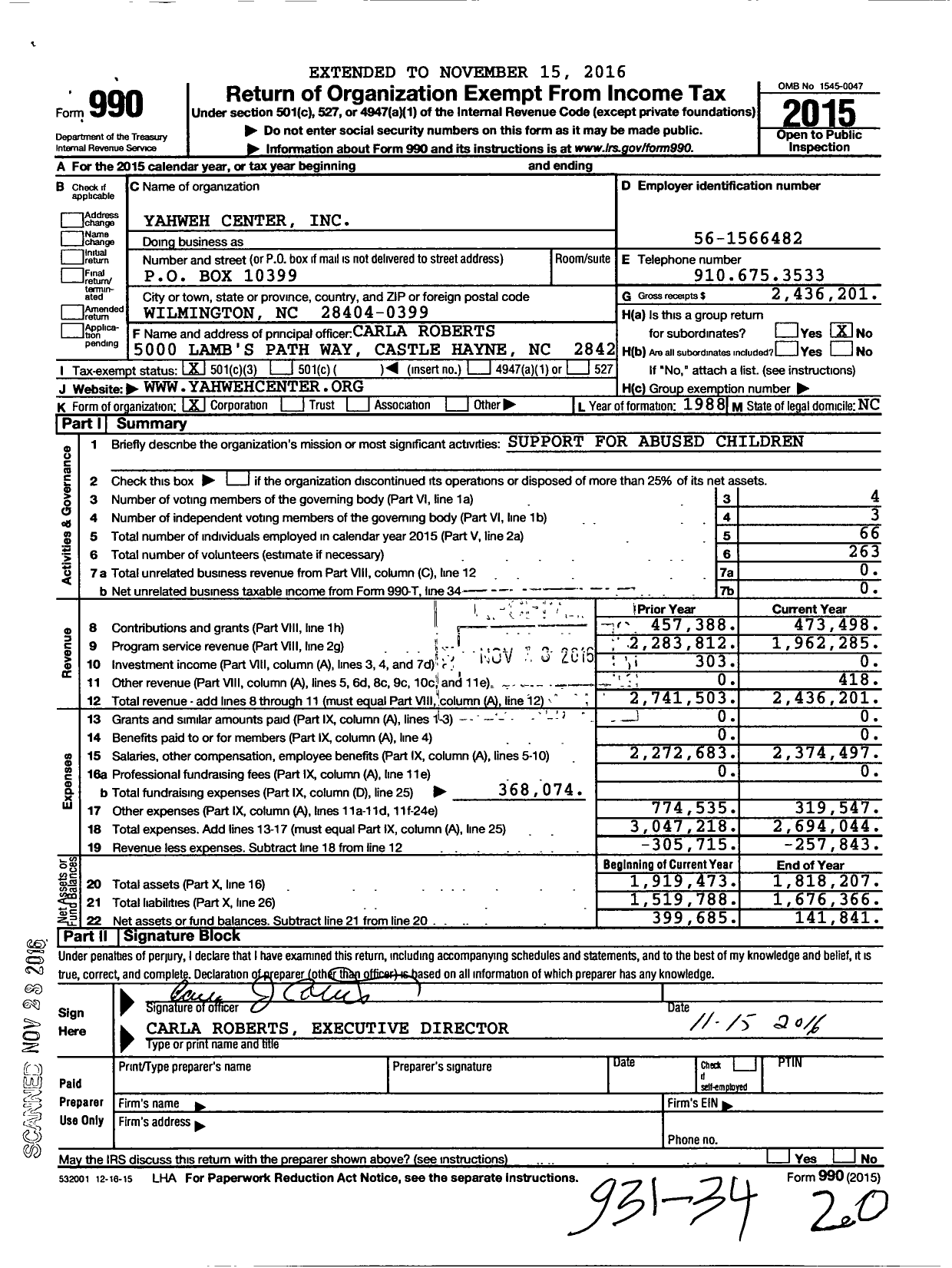 Image of first page of 2015 Form 990 for Yahweh Center