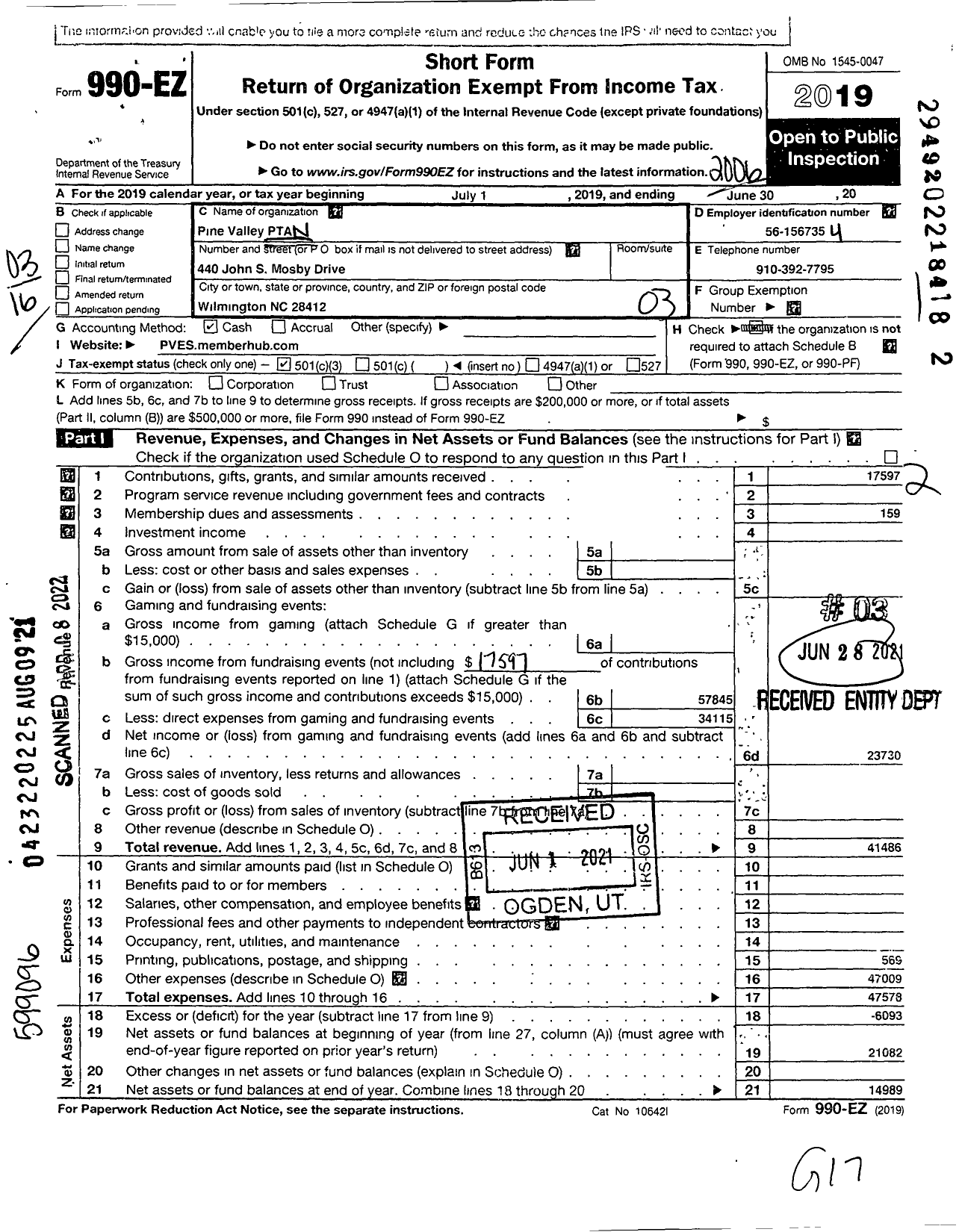 Image of first page of 2019 Form 990EZ for North Carolina PTA - Pine Valley PTA