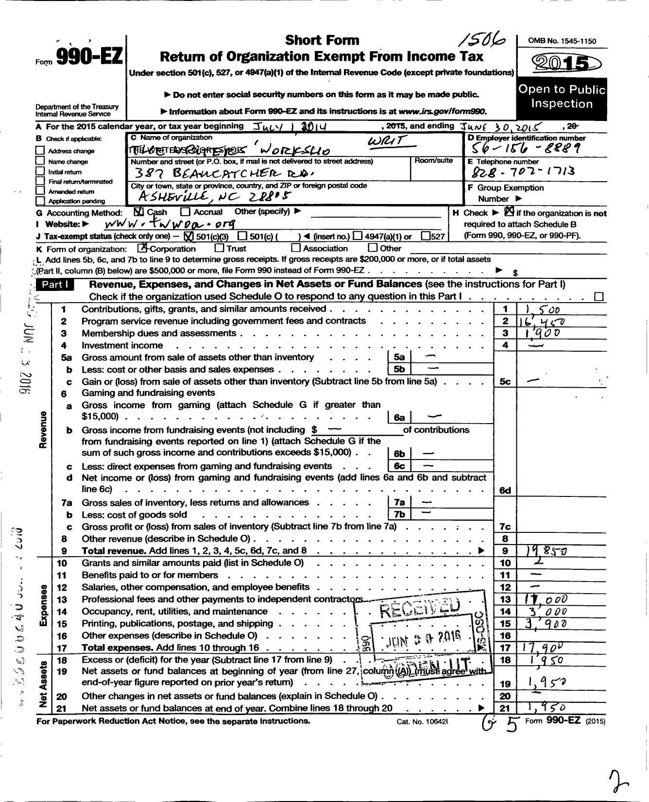 Image of first page of 2014 Form 990EZ for Writers Workshop