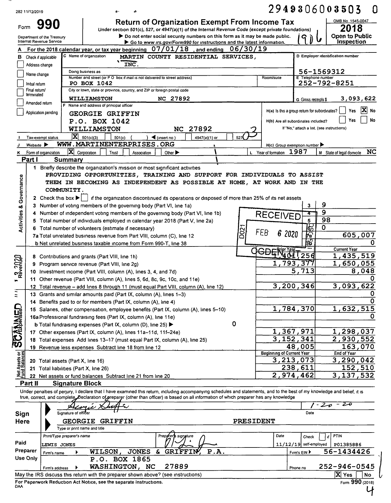 Image of first page of 2018 Form 990 for Martin County Residential Services