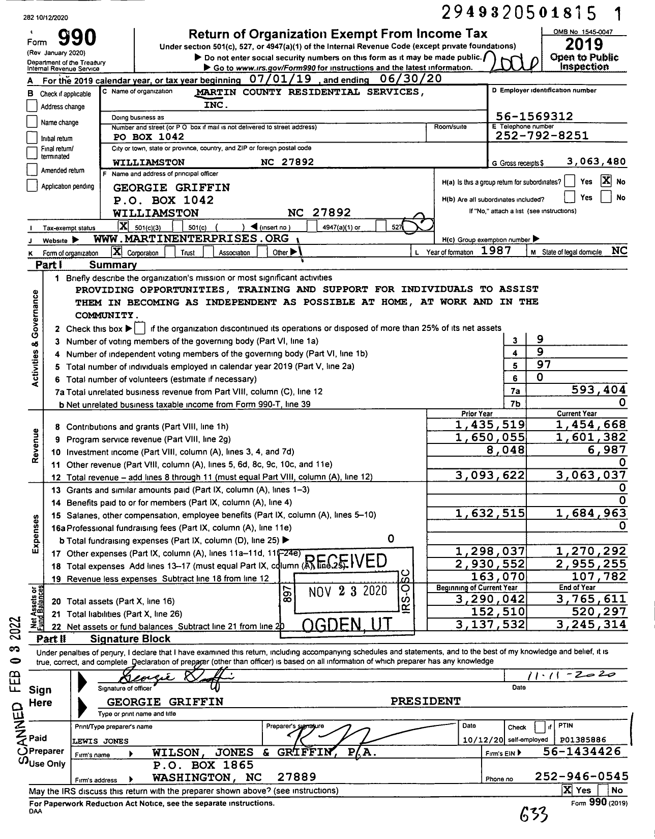 Image of first page of 2019 Form 990 for Martin County Residential Services