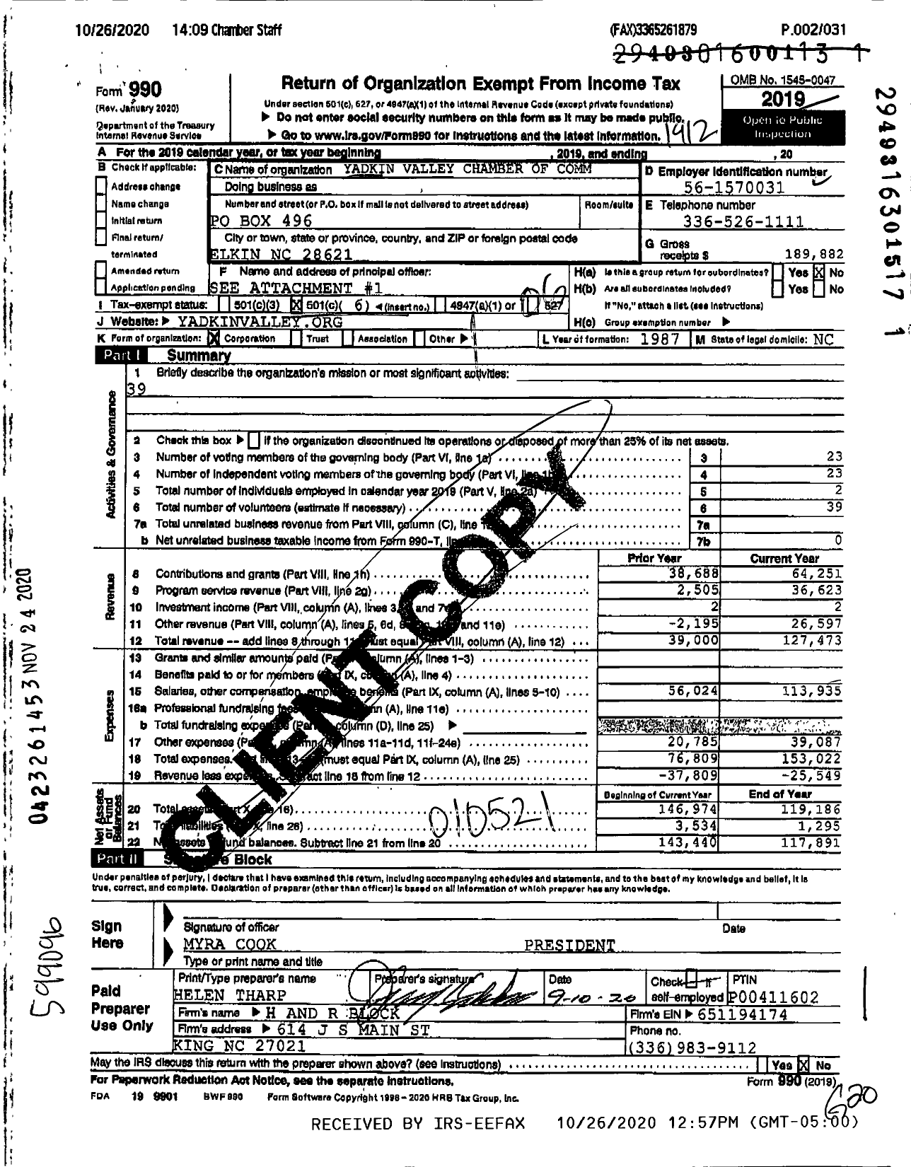 Image of first page of 2019 Form 990O for Yadkin Valley Chamber of Commerce