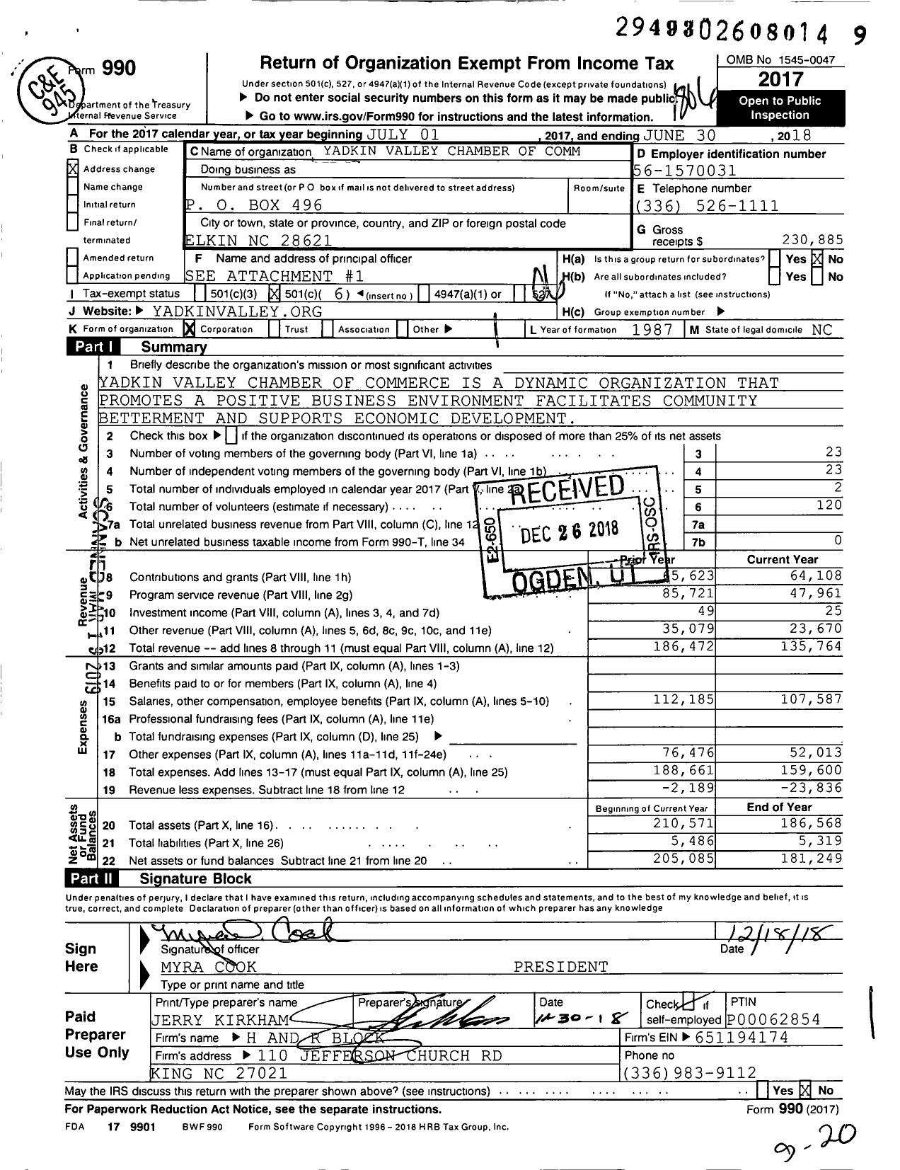 Image of first page of 2017 Form 990O for Yadkin Valley Chamber of Commerce