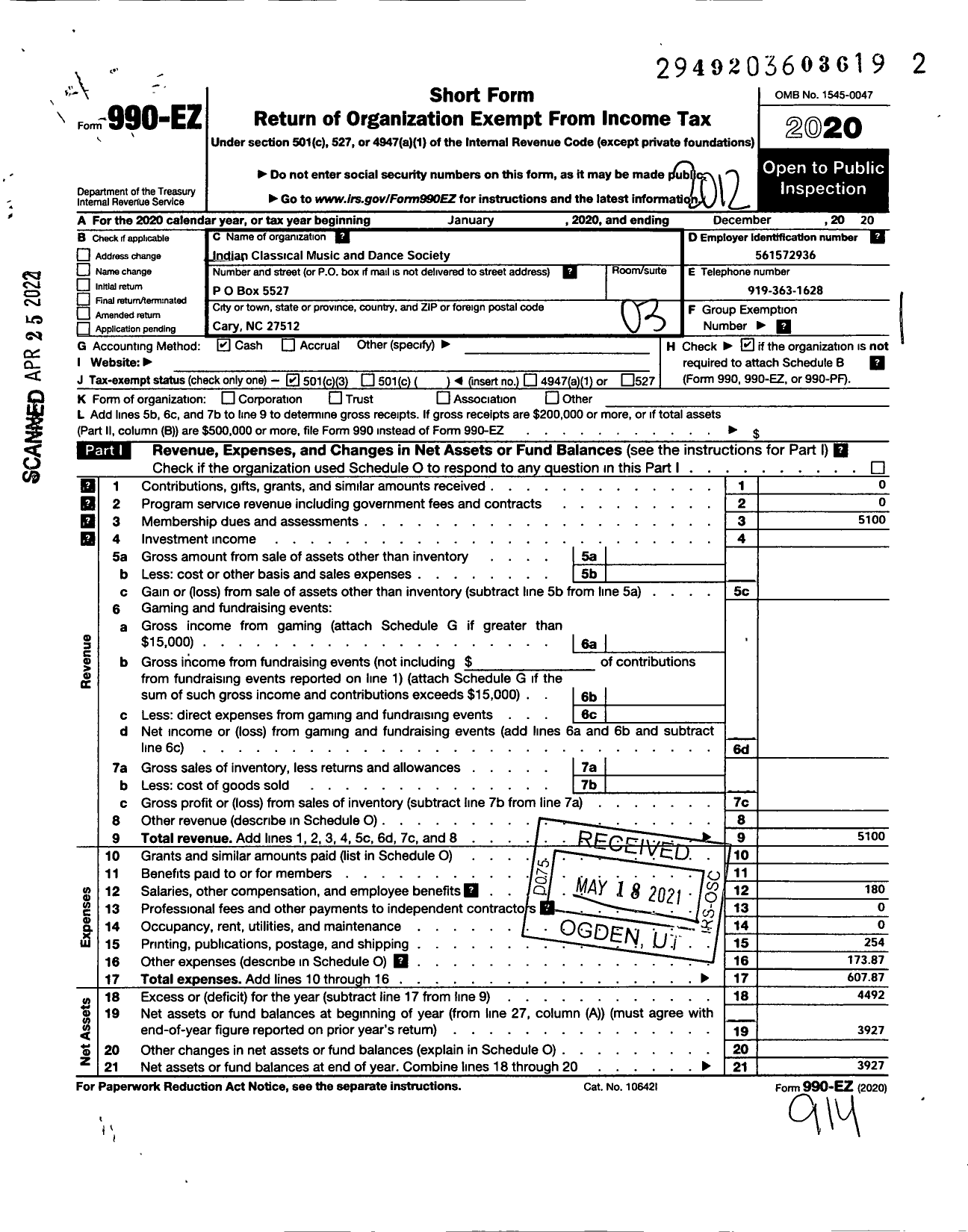 Image of first page of 2020 Form 990EZ for Indian Classical Music and Dance Society