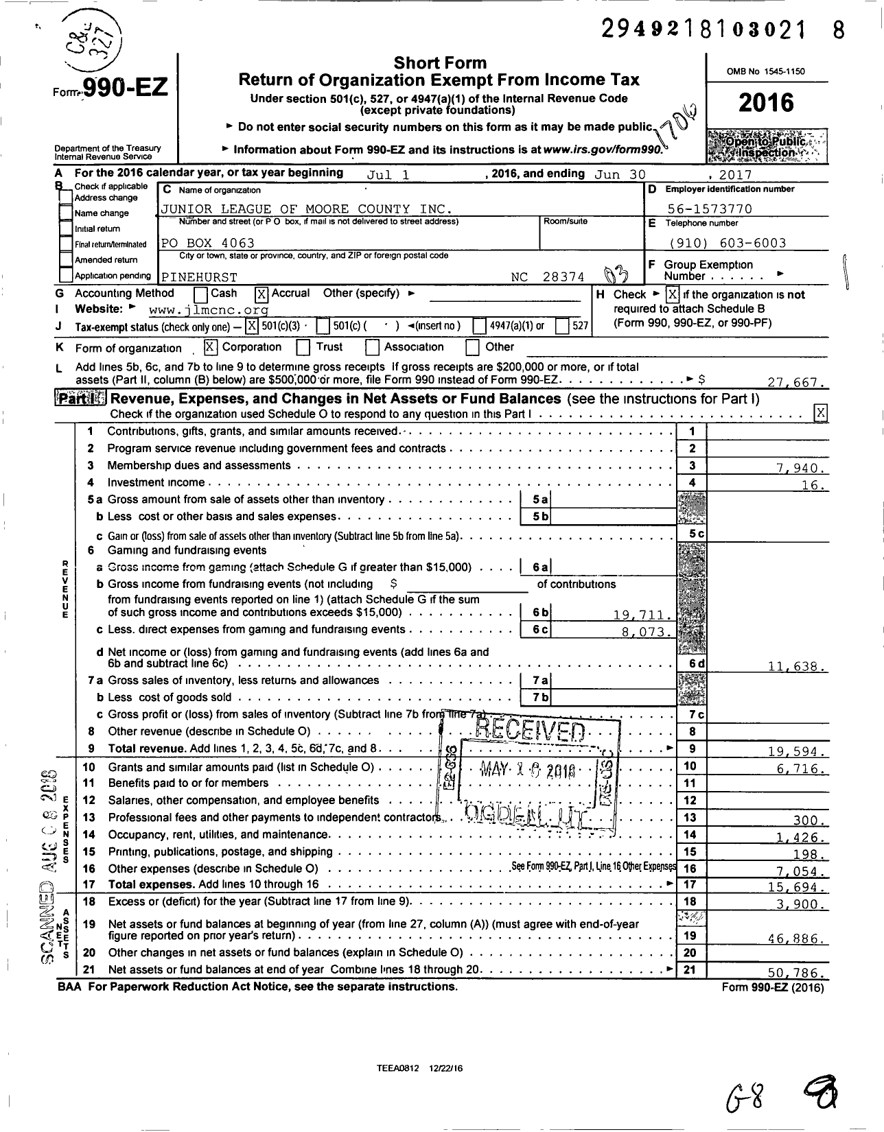 Image of first page of 2016 Form 990EZ for Junior Service League of Moore County