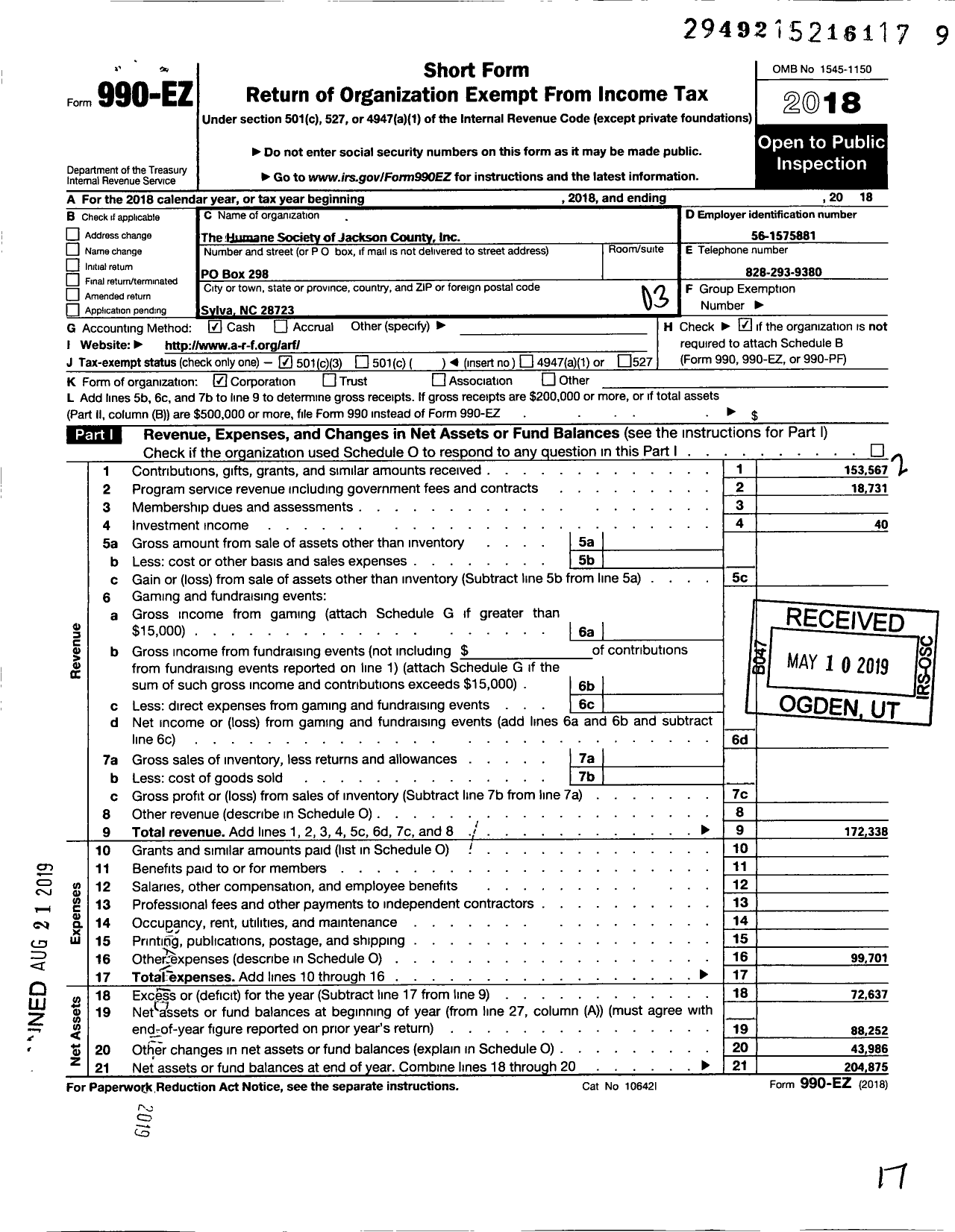 Image of first page of 2018 Form 990EZ for The Humane Society of Jackson County