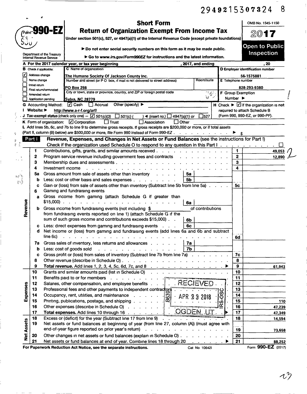 Image of first page of 2017 Form 990EZ for The Humane Society of Jackson County