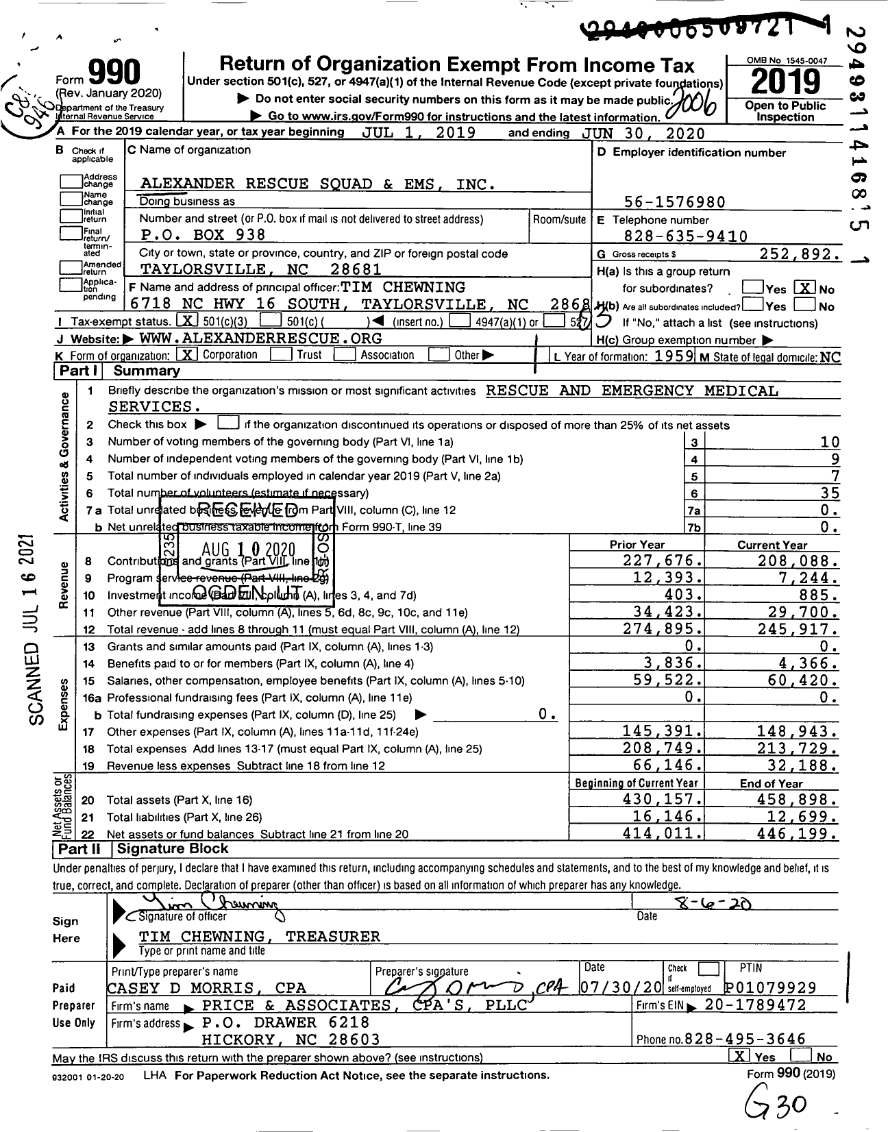 Image of first page of 2019 Form 990 for Alexander Rescue Squad and Ems