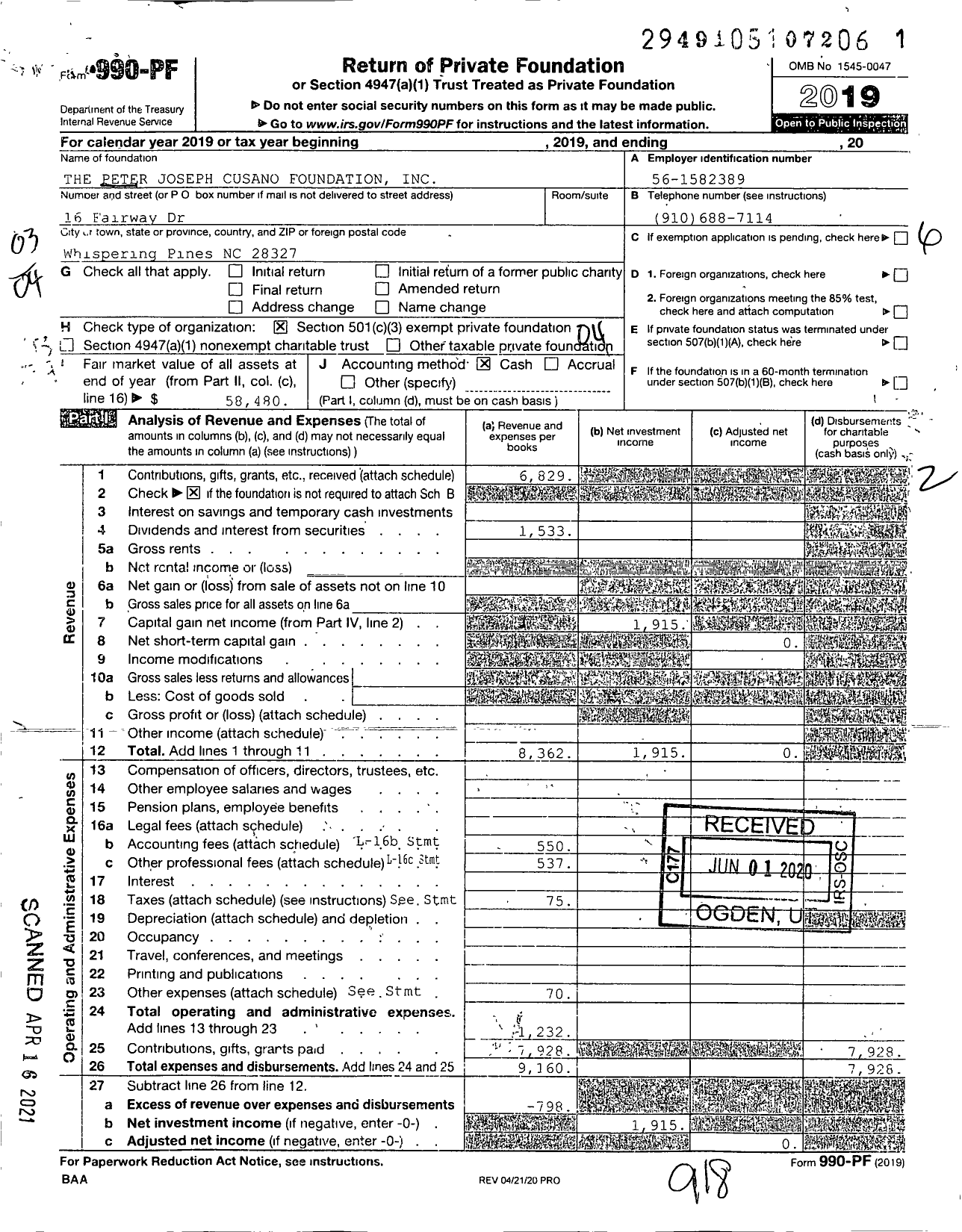 Image of first page of 2019 Form 990PF for The Peter Joseph Cusano Foundation