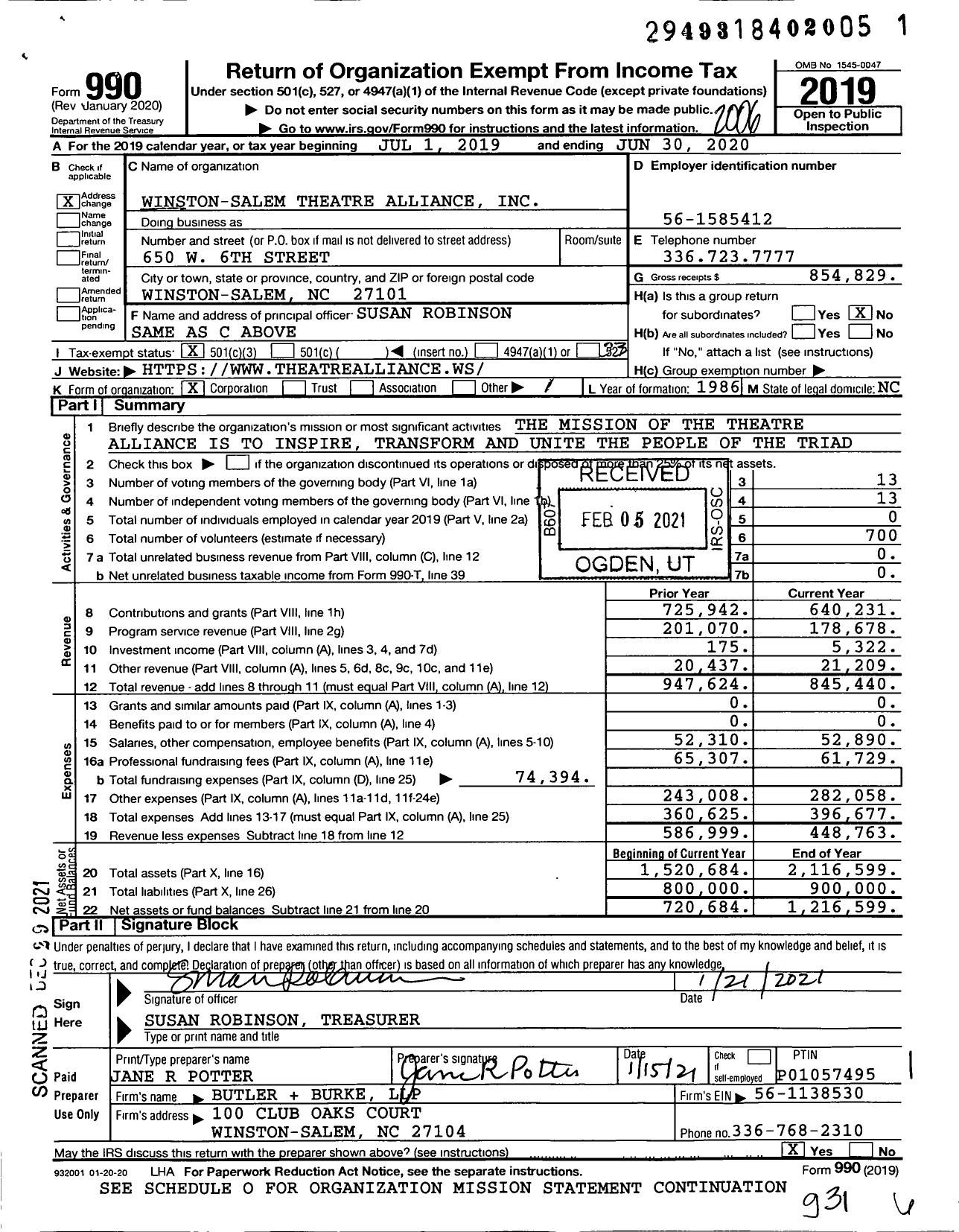 Image of first page of 2019 Form 990 for Winston-Salem Theatre Alliance