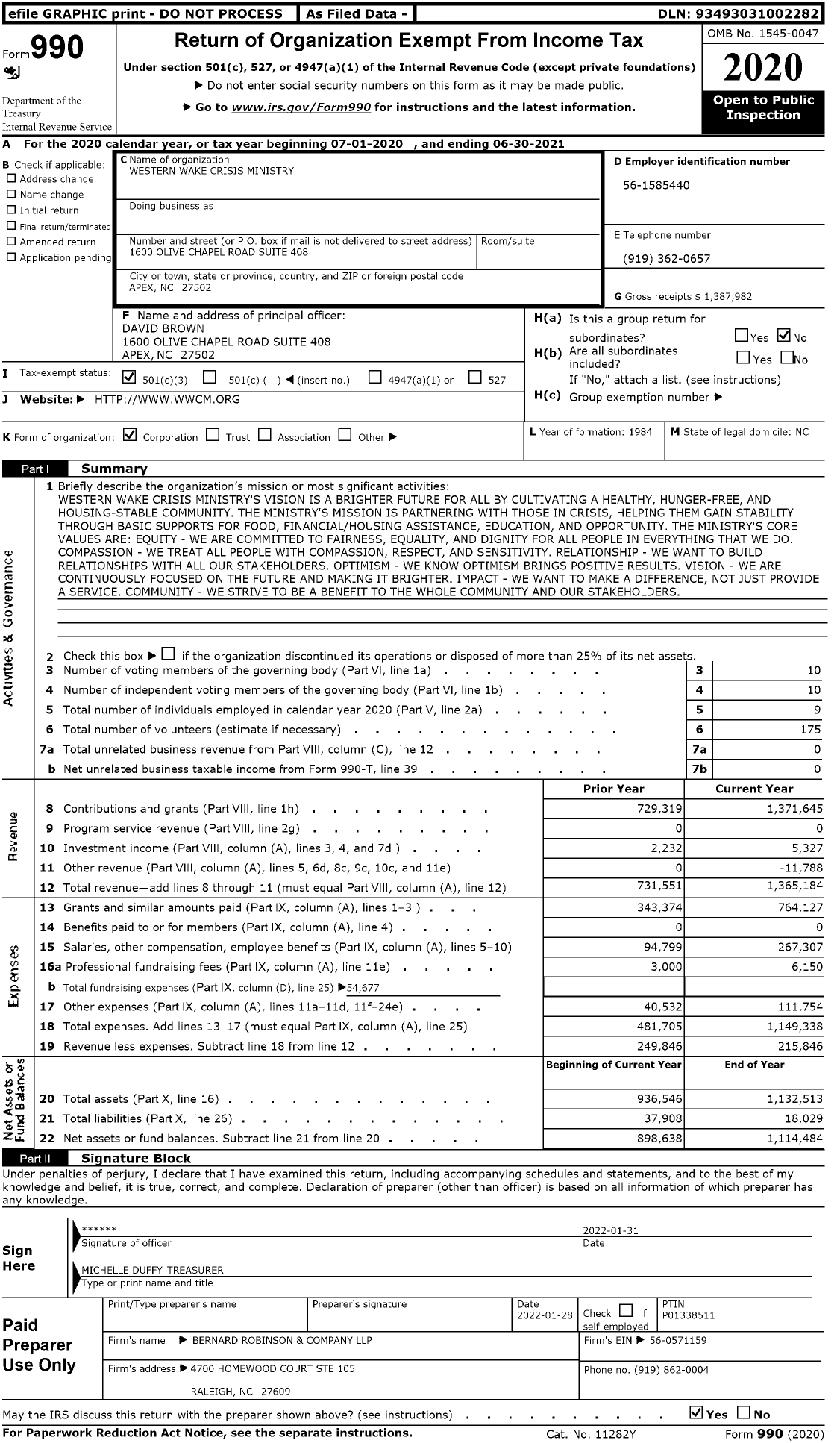 Image of first page of 2020 Form 990 for Western Wake Crisis Ministry