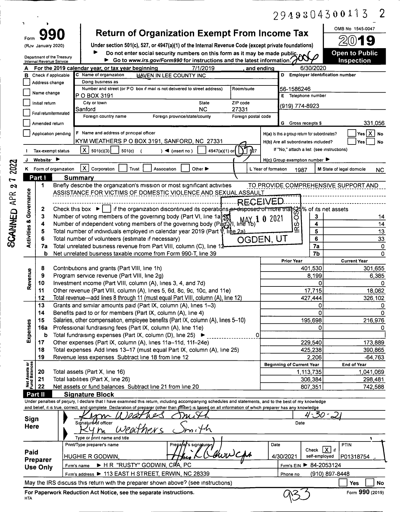 Image of first page of 2019 Form 990 for Haven in Lee County