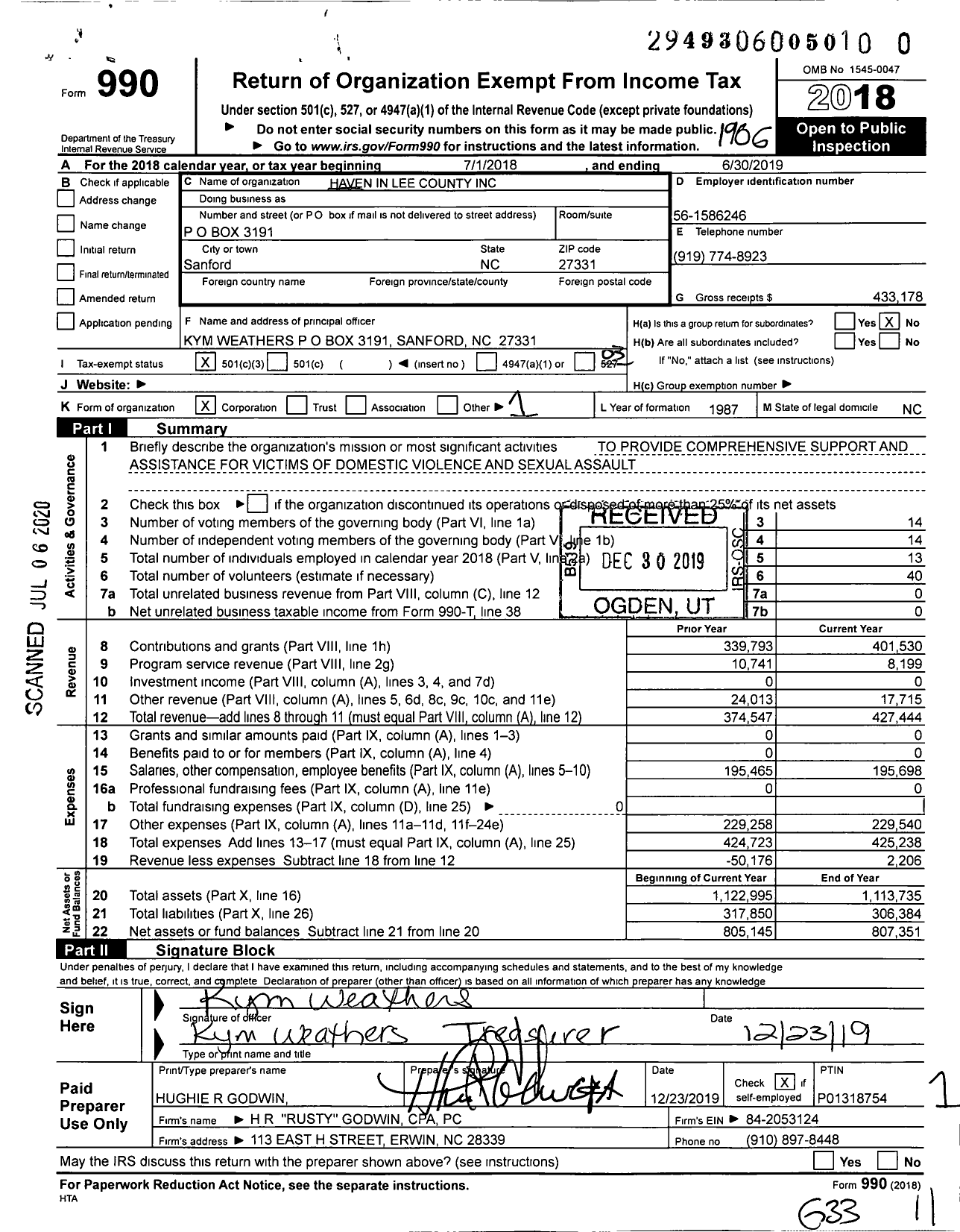 Image of first page of 2018 Form 990 for Haven in Lee County