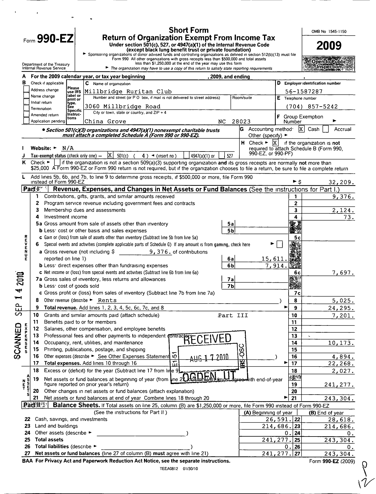 Image of first page of 2009 Form 990EO for Ruritan - Millbridge