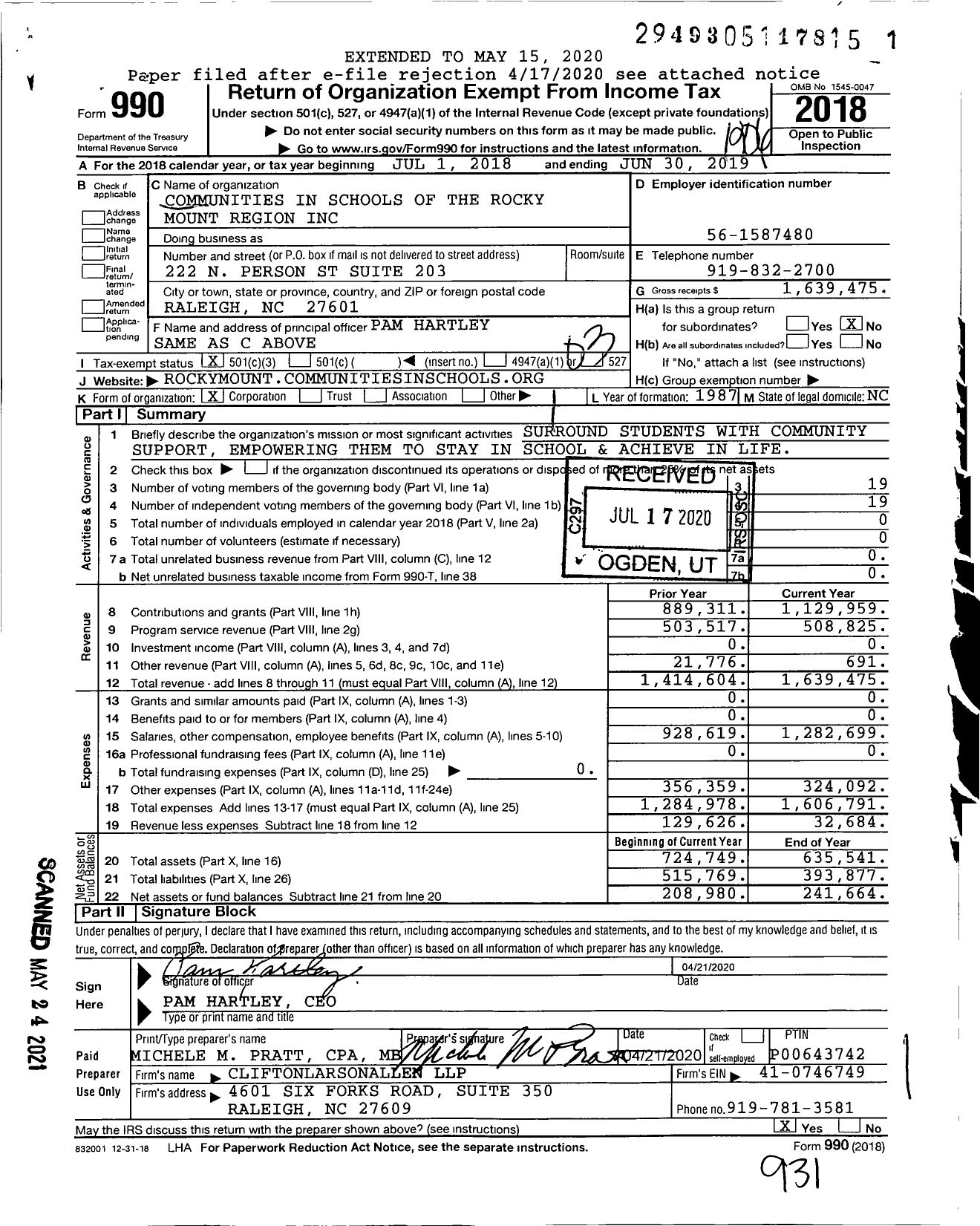 Image of first page of 2018 Form 990 for Communities In Schools of the Rocky Mount Region