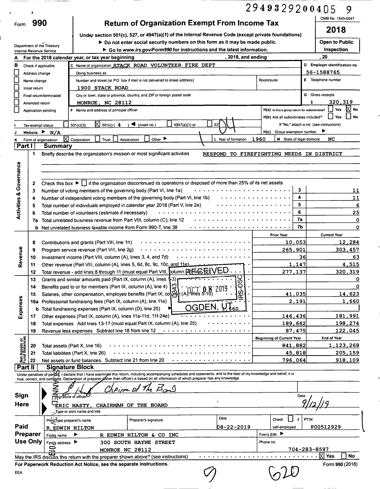 Image of first page of 2018 Form 990O for Stack Road Volunteer Fire Dept