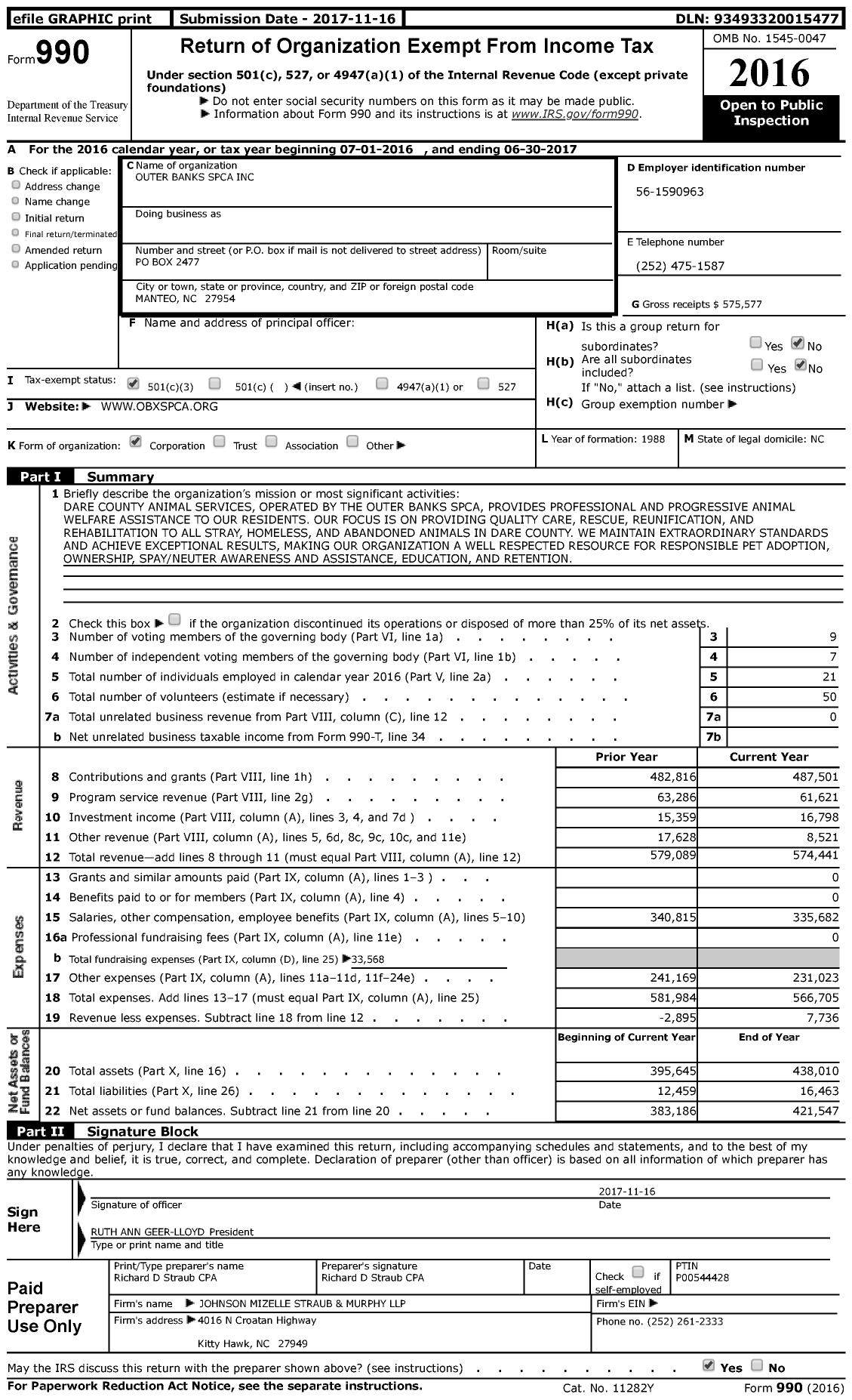 Image of first page of 2016 Form 990 for Outer Banks Spca