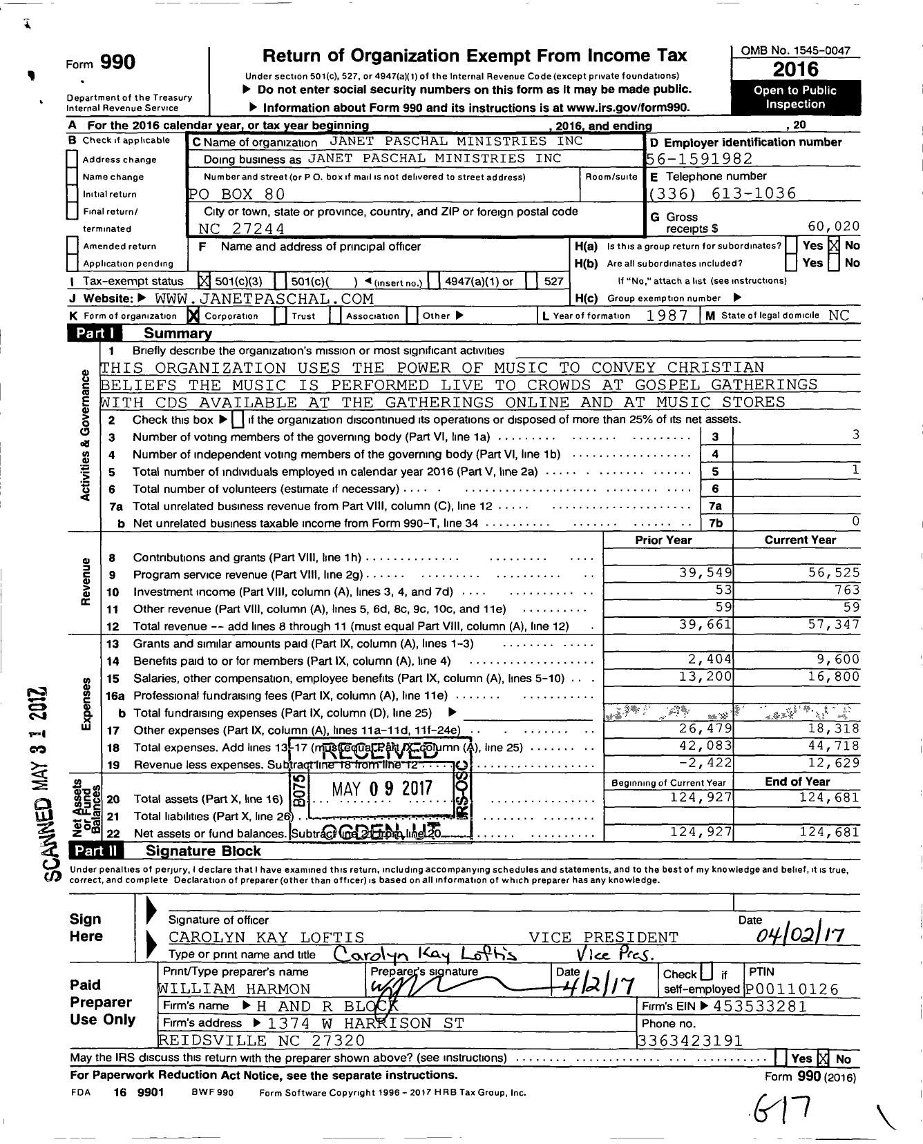 Image of first page of 2016 Form 990 for Janet Paschal Ministries