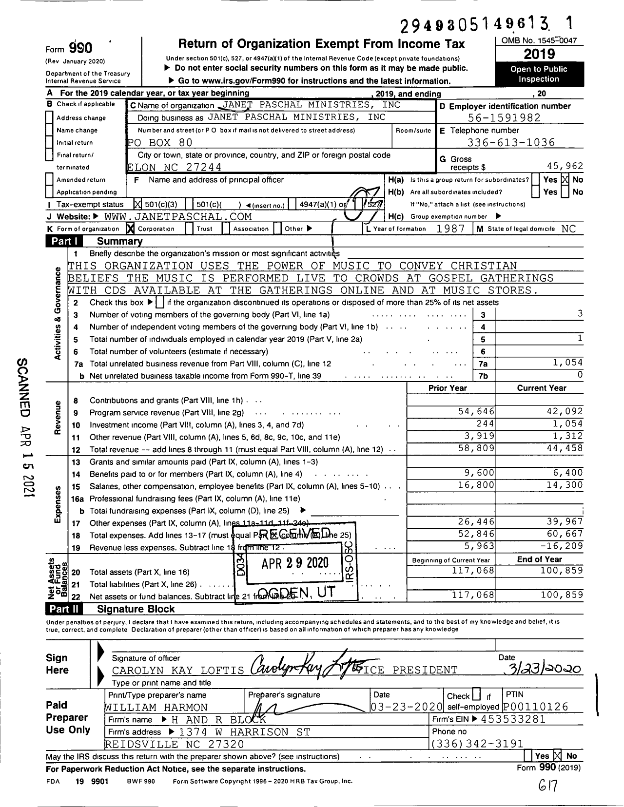 Image of first page of 2019 Form 990 for Janet Paschal Ministries