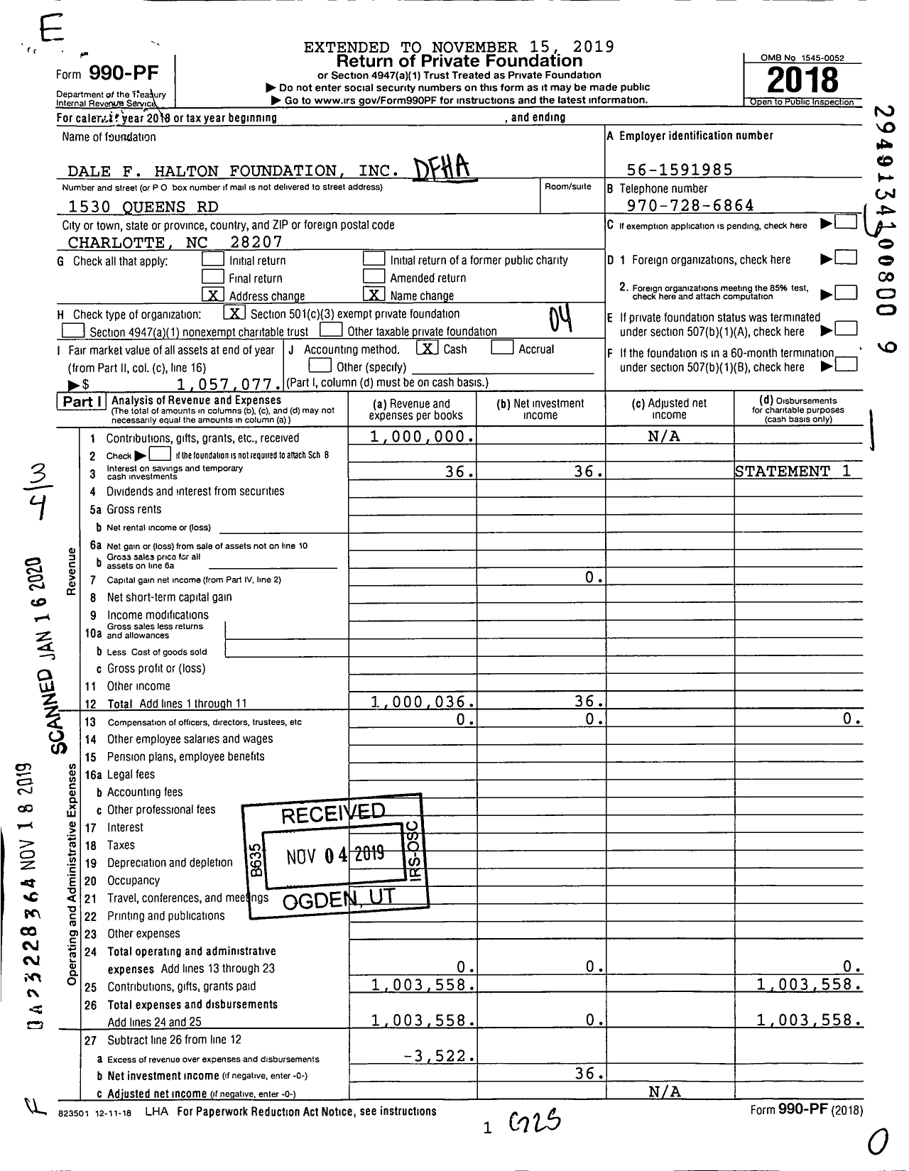 Image of first page of 2018 Form 990PF for D F Halton Foundation