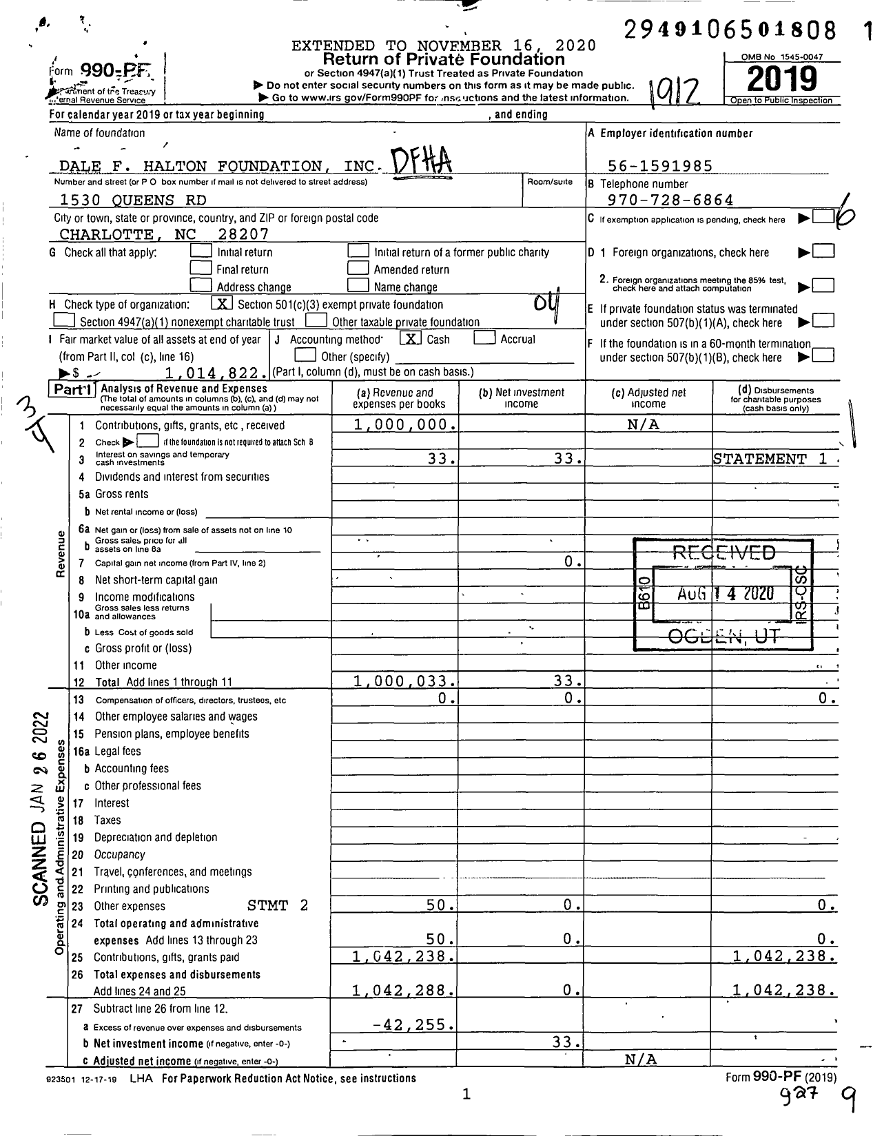 Image of first page of 2019 Form 990PF for D F Halton Foundation