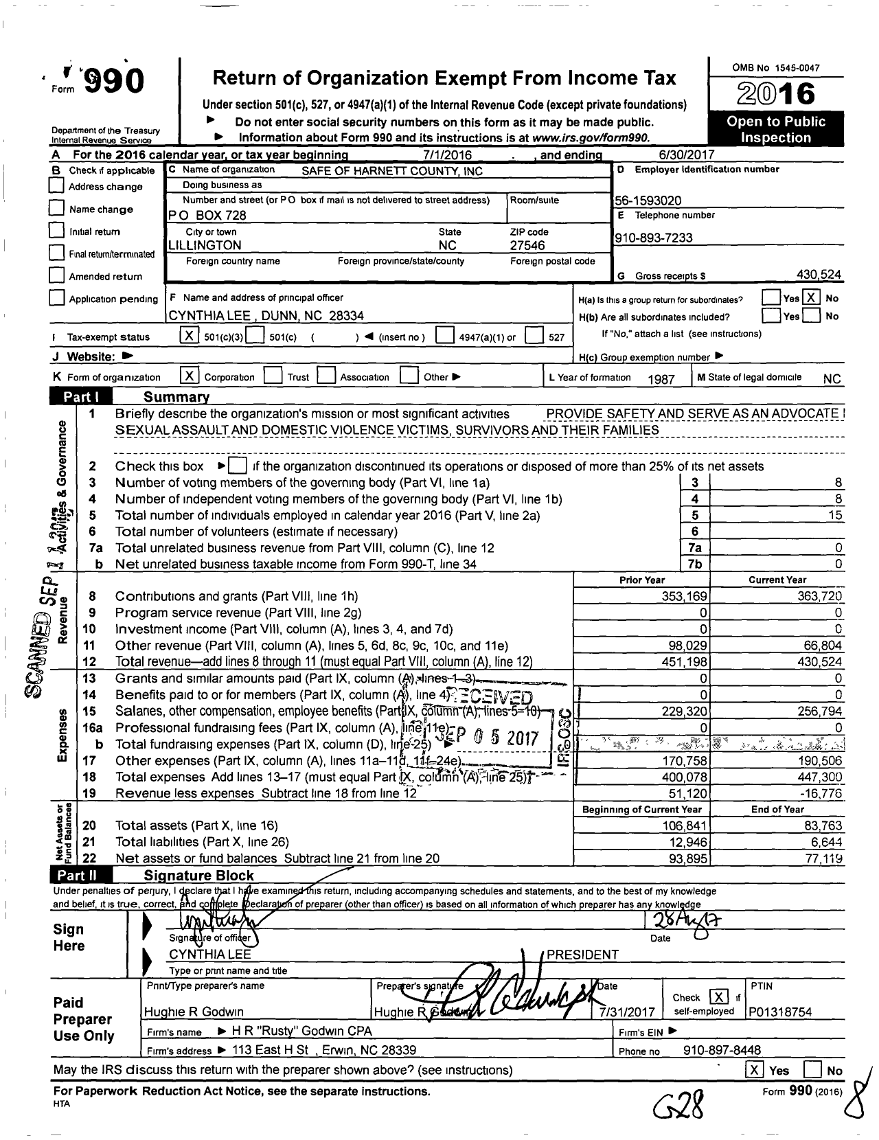 Image of first page of 2016 Form 990 for Safe of Harnett County