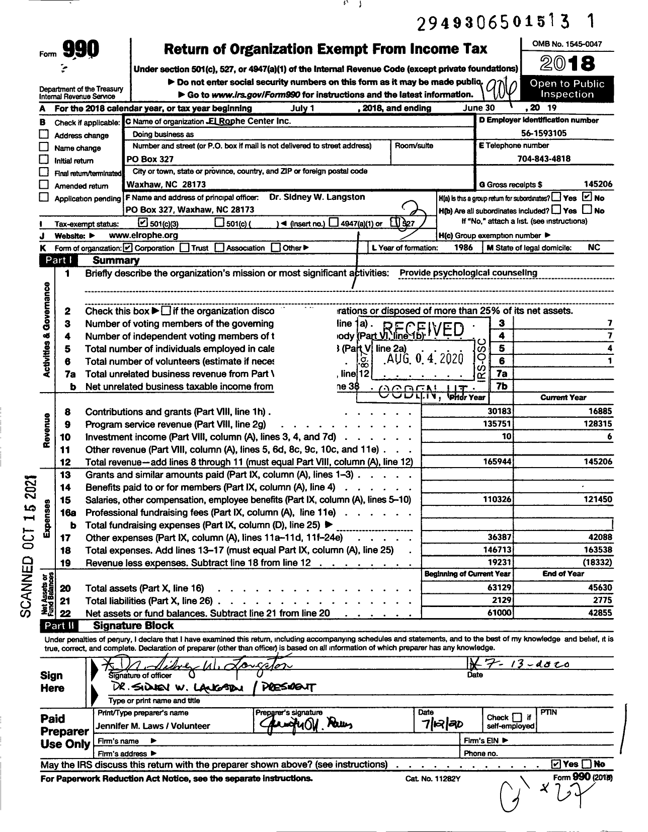 Image of first page of 2018 Form 990 for El Rophe Center